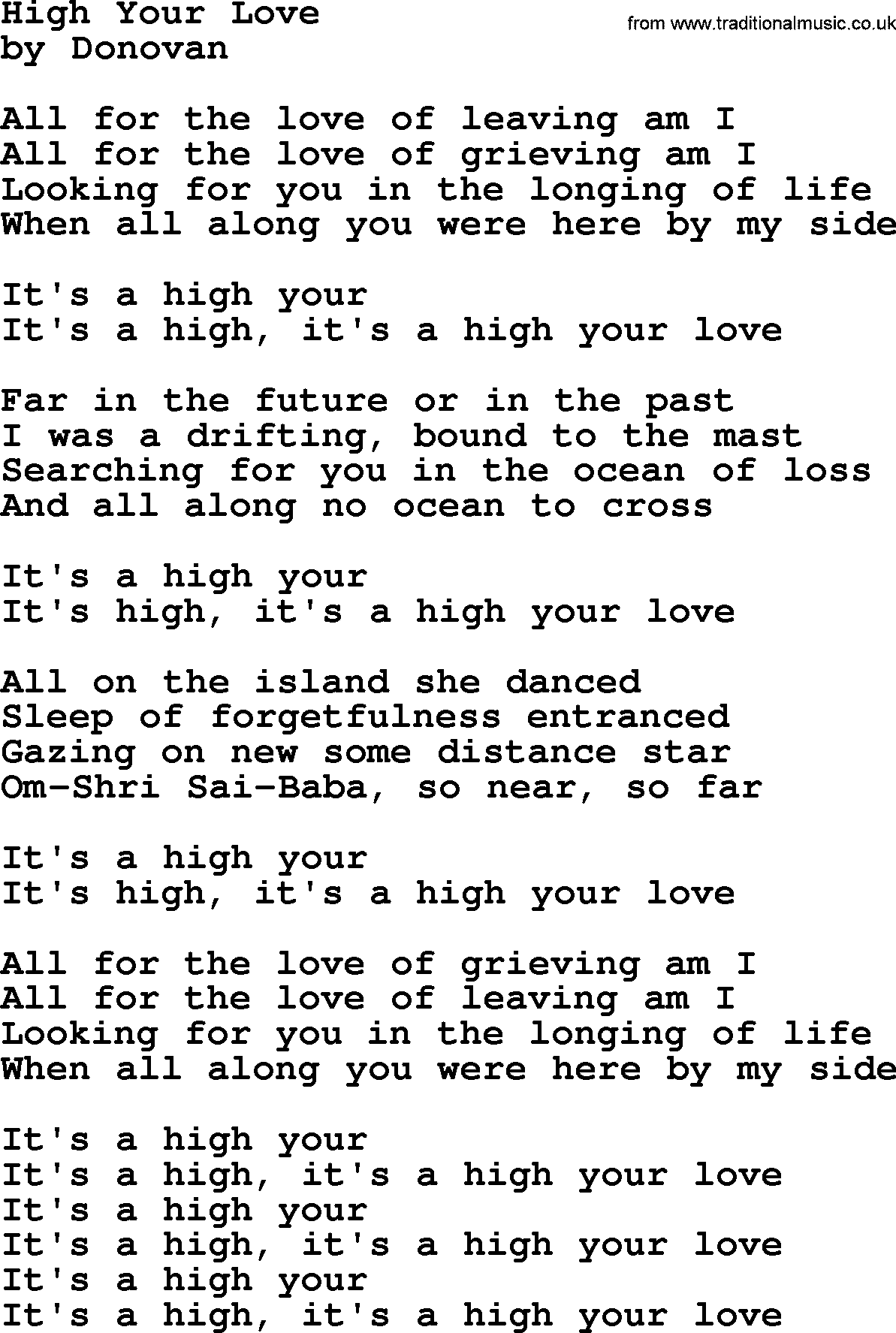 Donovan Leitch song: High Your Love lyrics