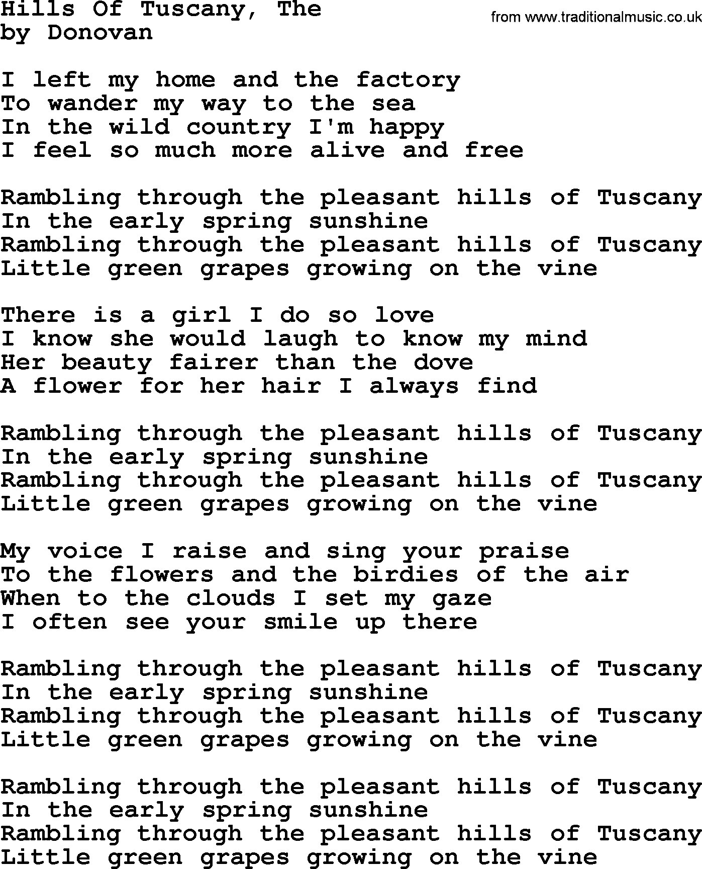 Donovan Leitch song: Hills Of Tuscany, The lyrics