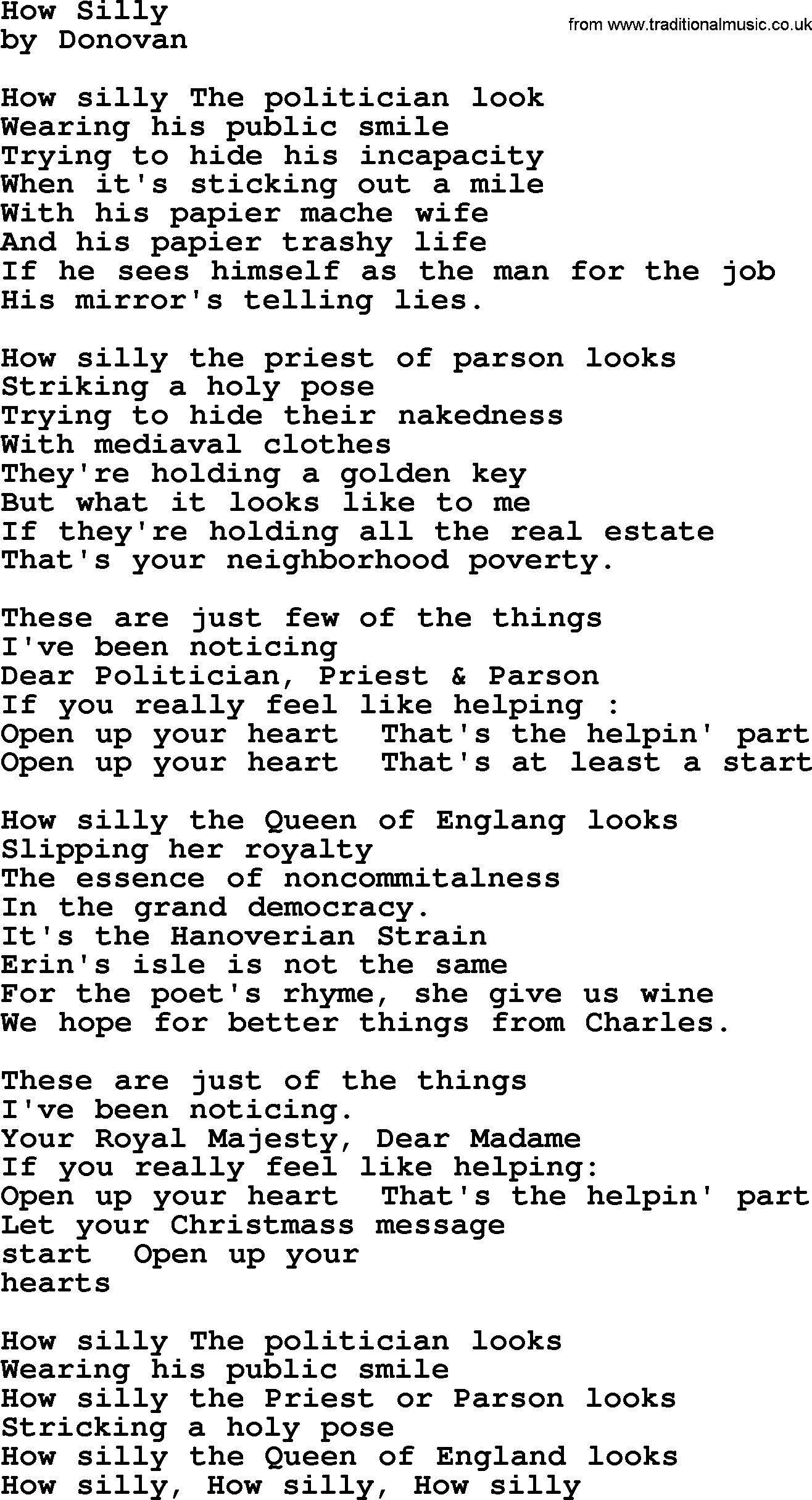 Donovan Leitch song: How Silly lyrics