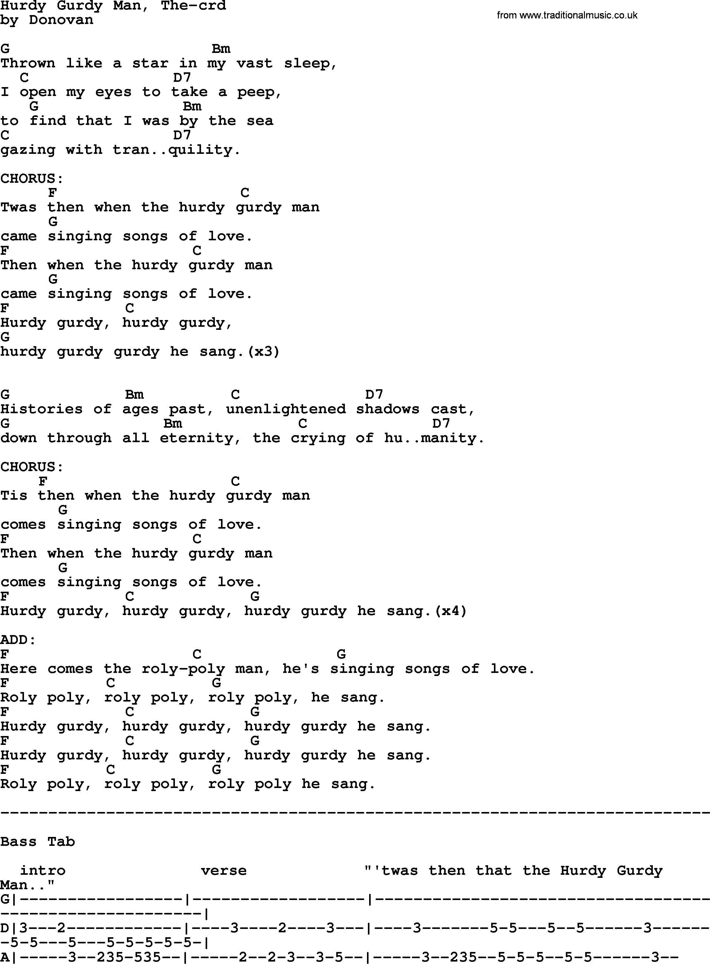 Donovan Leitch song: Hurdy Gurdy Man, The lyrics and chords
