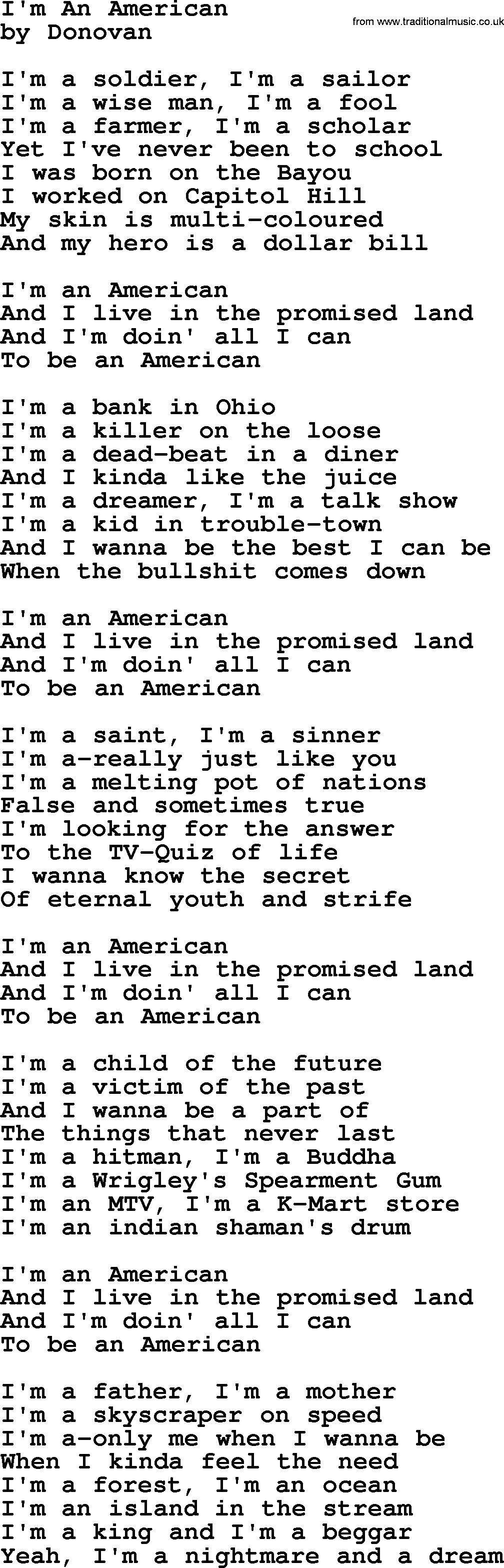 Donovan Leitch song: I'm An American lyrics