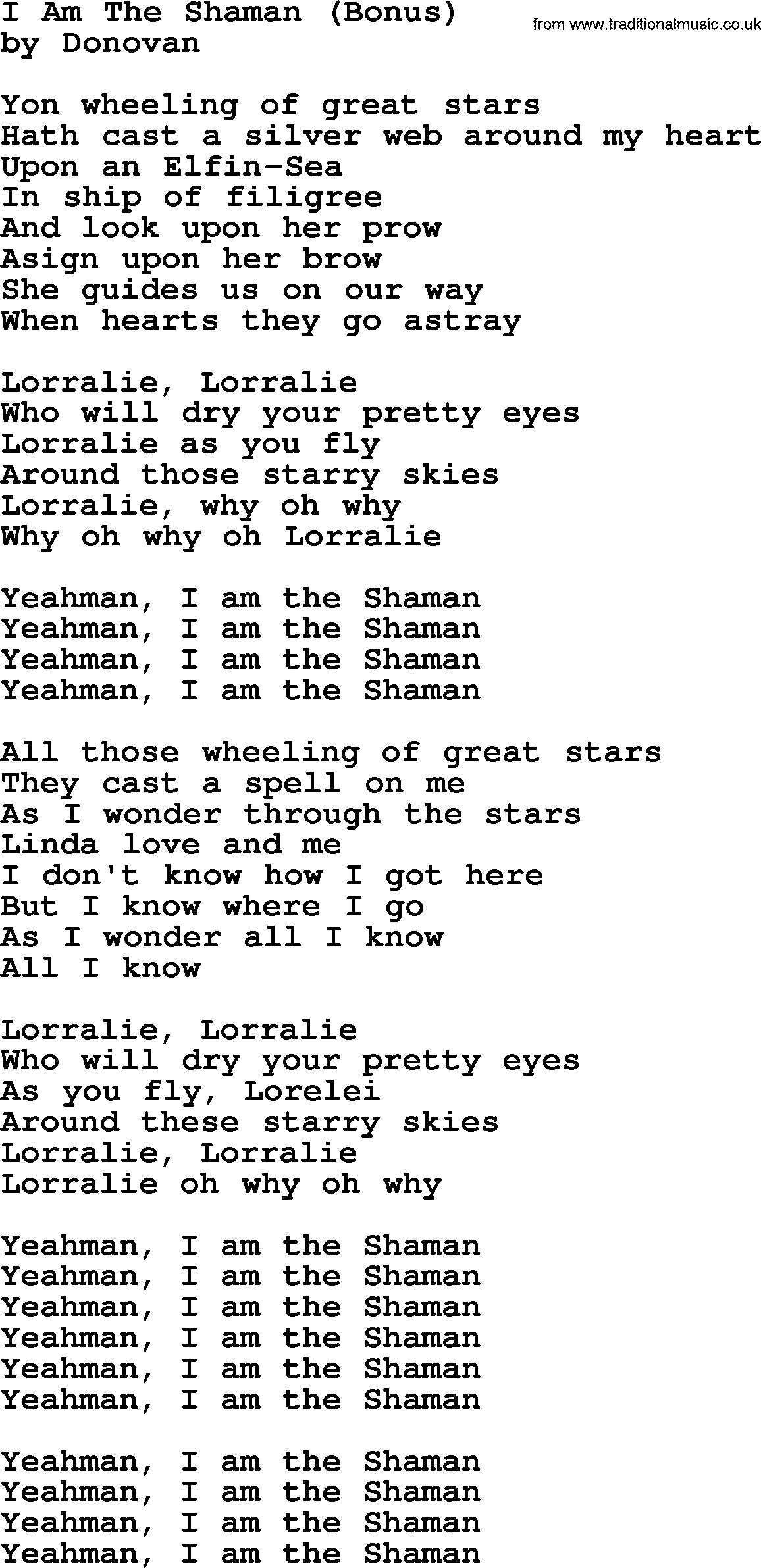 Donovan Leitch song: I Am The Shaman lyrics