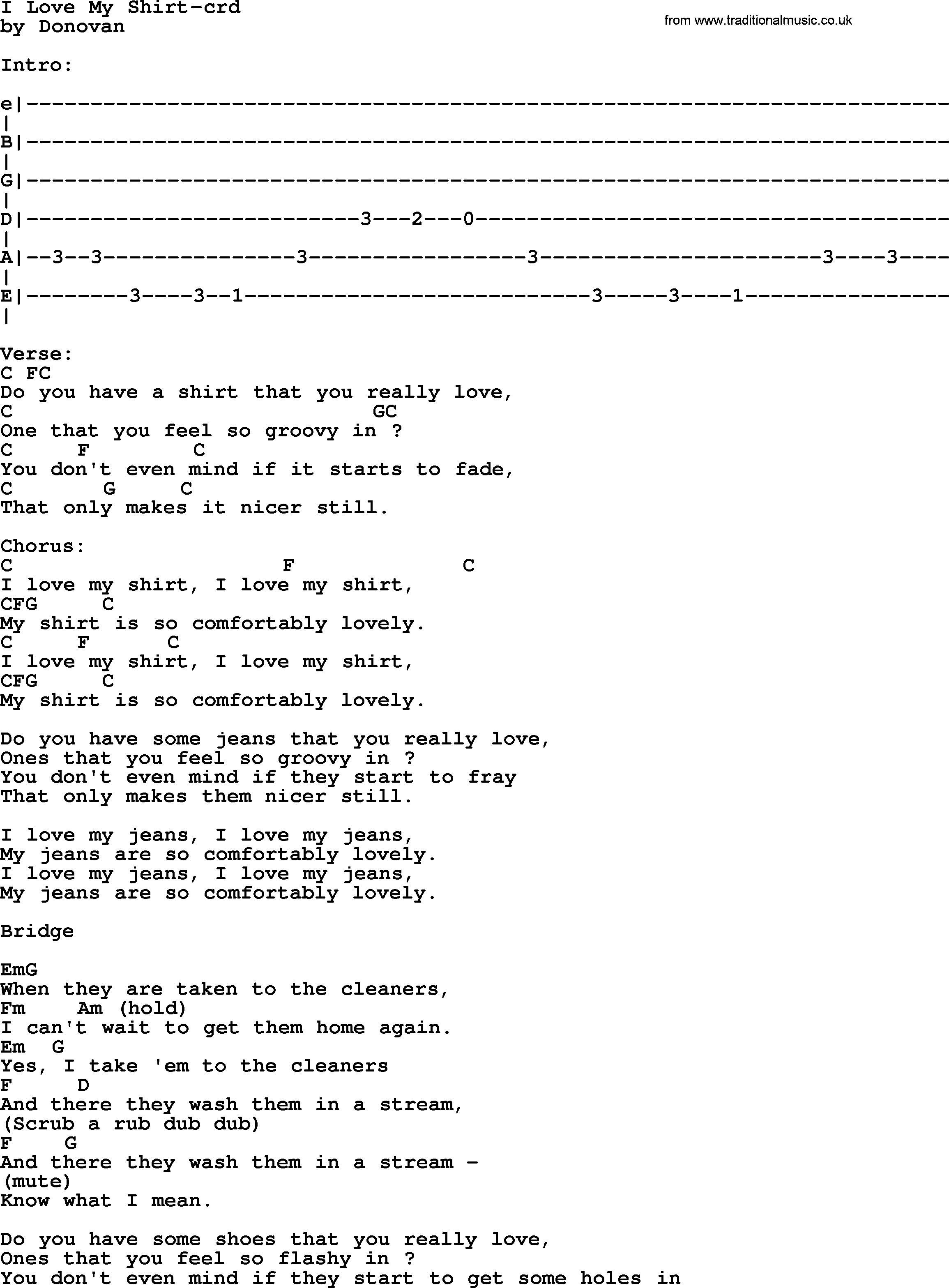 Donovan Leitch song: I Love My Shirt lyrics and chords