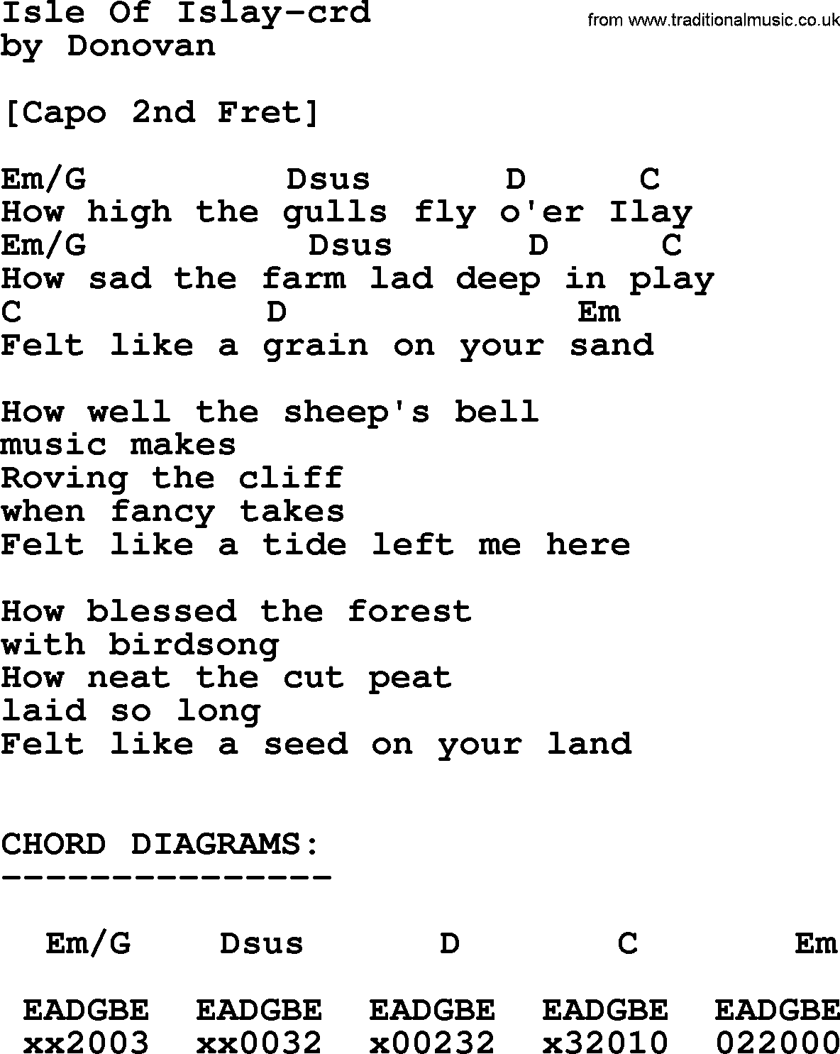 Donovan Leitch song: Isle Of Islay lyrics and chords