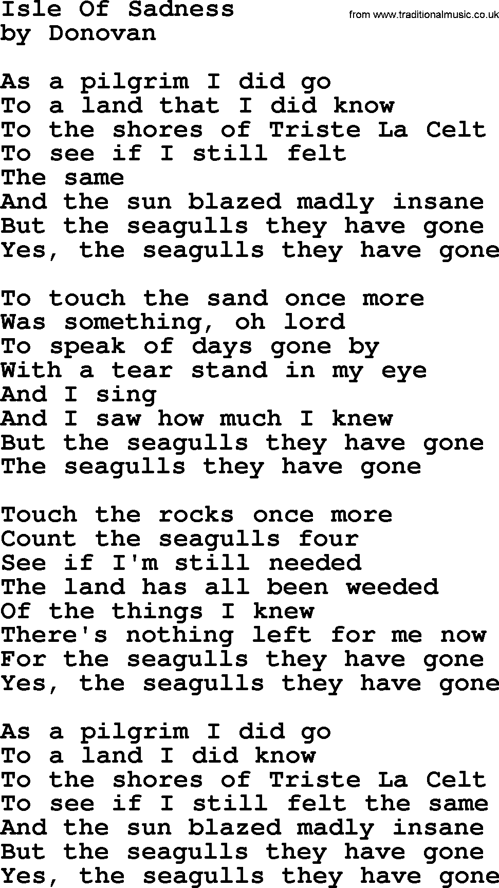 Donovan Leitch song: Isle Of Sadness lyrics