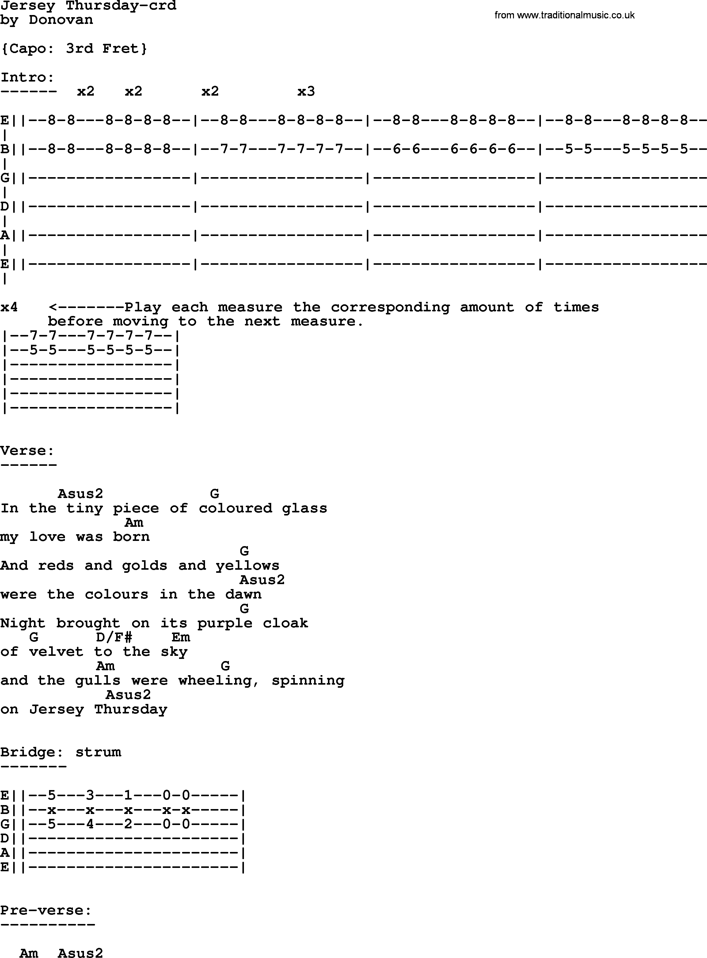Donovan Leitch song: Jersey Thursday lyrics and chords