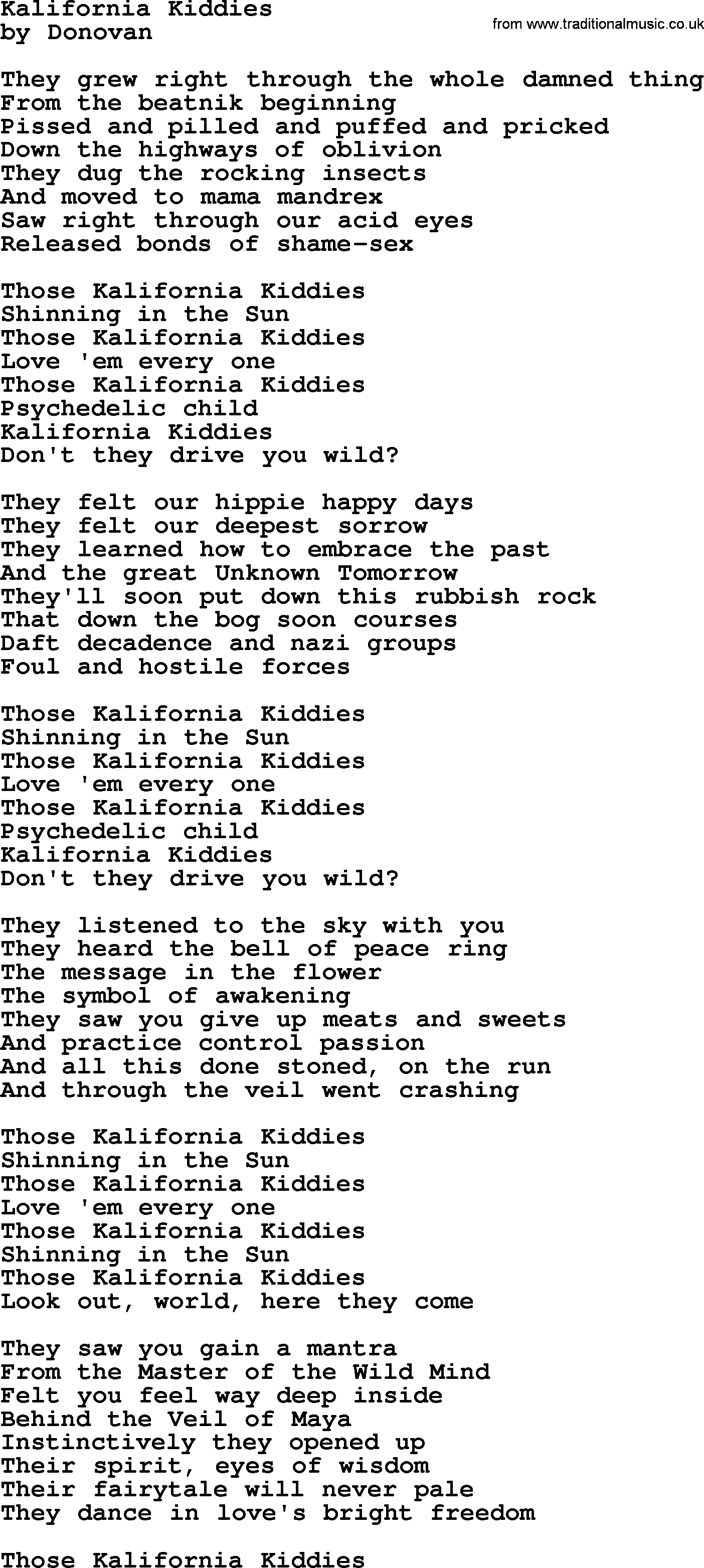 Donovan Leitch song: Kalifornia Kiddies lyrics