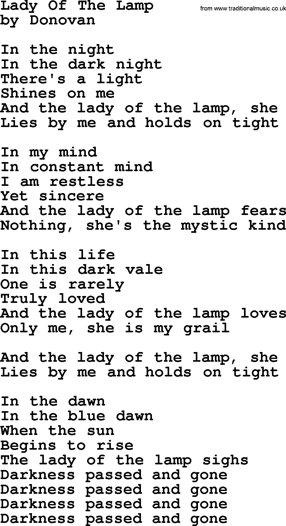 Donovan Leitch song: Lady Of The Lamp lyrics