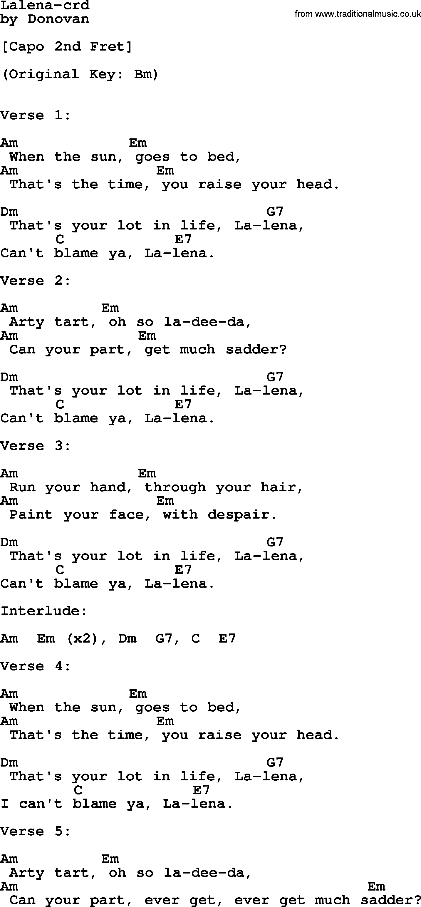 Donovan Leitch song: Lalena lyrics and chords