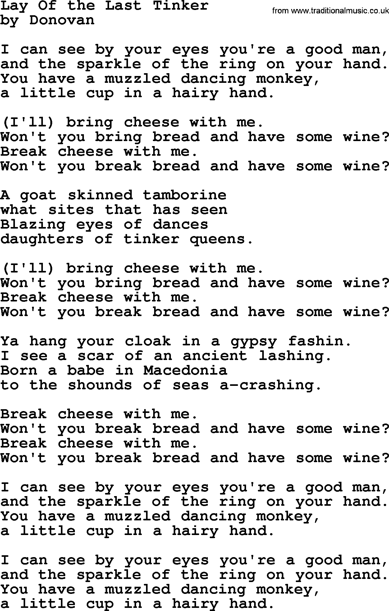 Donovan Leitch song: Lay Of The Last Tinker lyrics