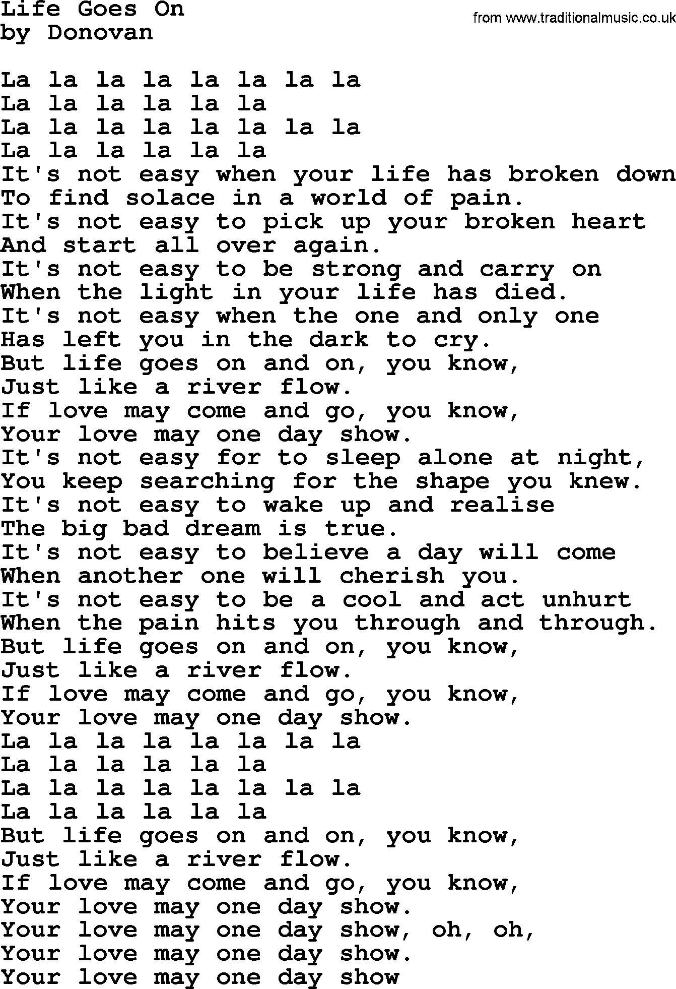 Donovan Leitch song: Life Goes On lyrics