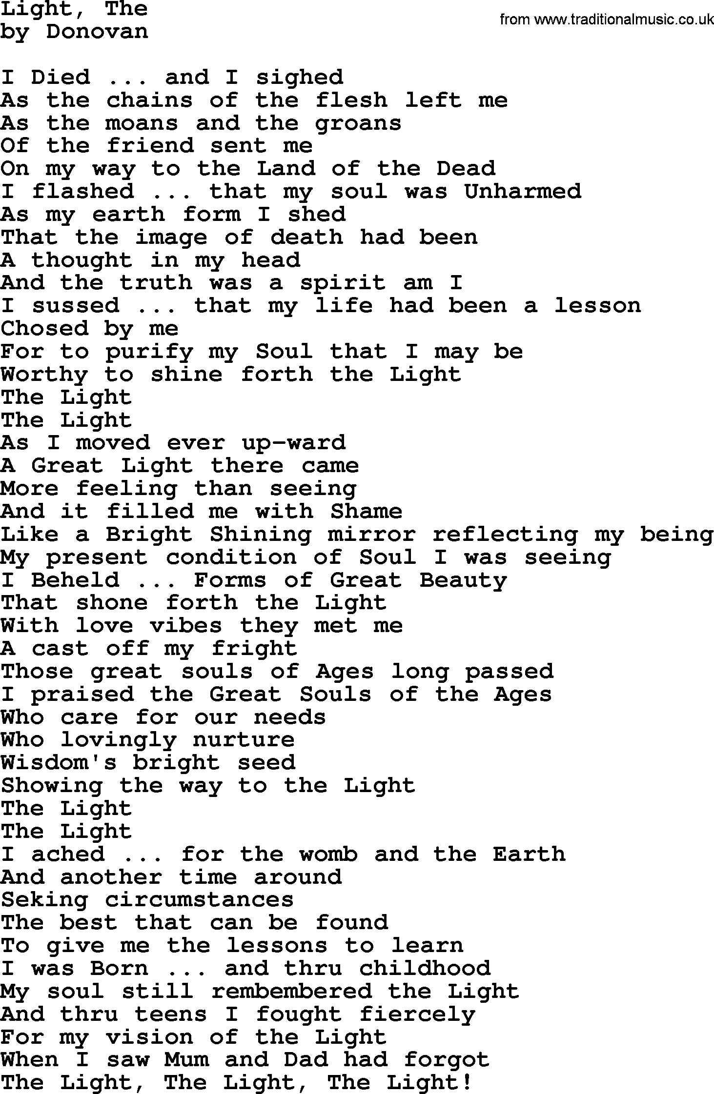 Donovan Leitch song: Light, The lyrics