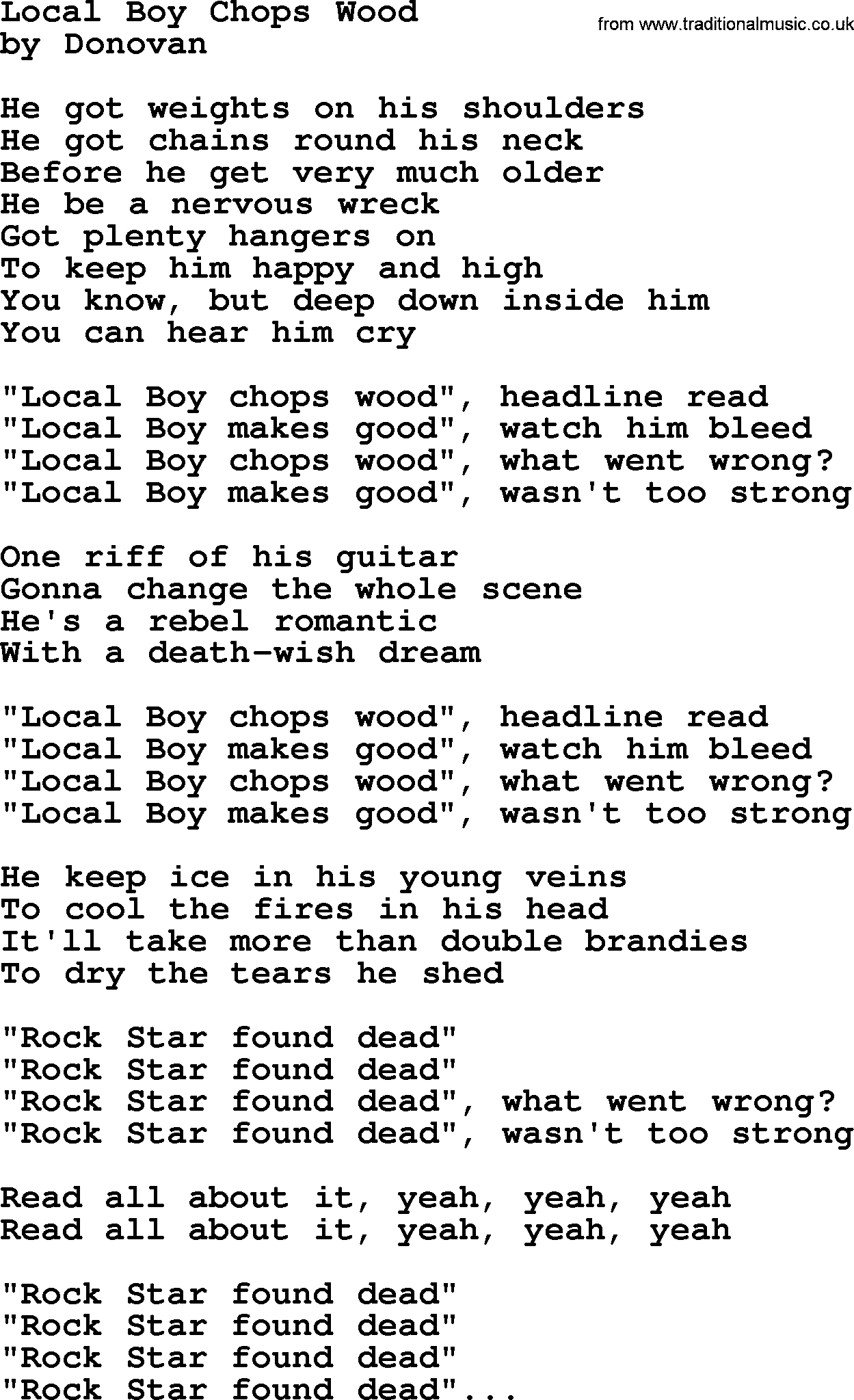 Donovan Leitch song: Local Boy Chops Wood lyrics