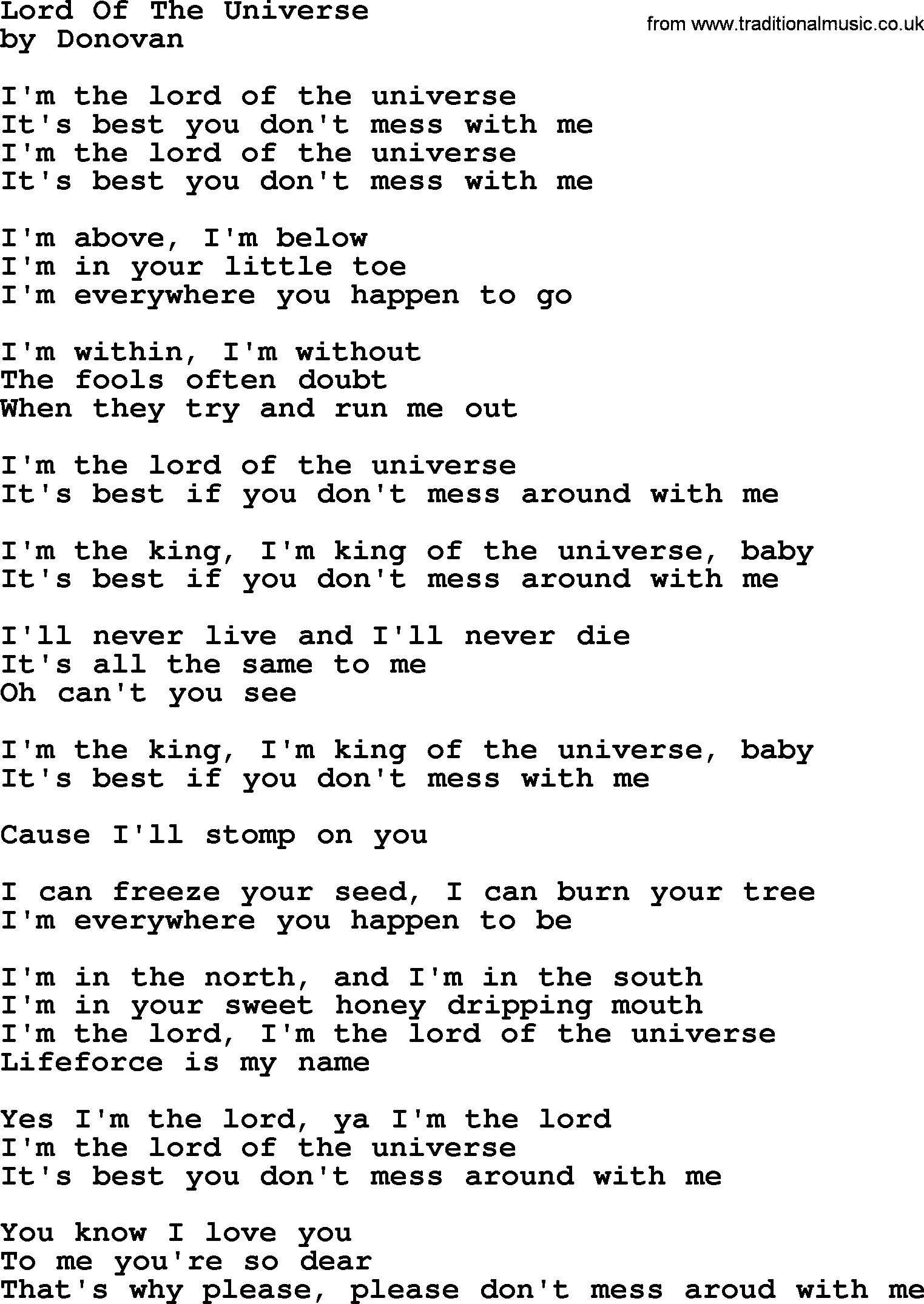 Donovan Leitch song: Lord Of The Universe lyrics