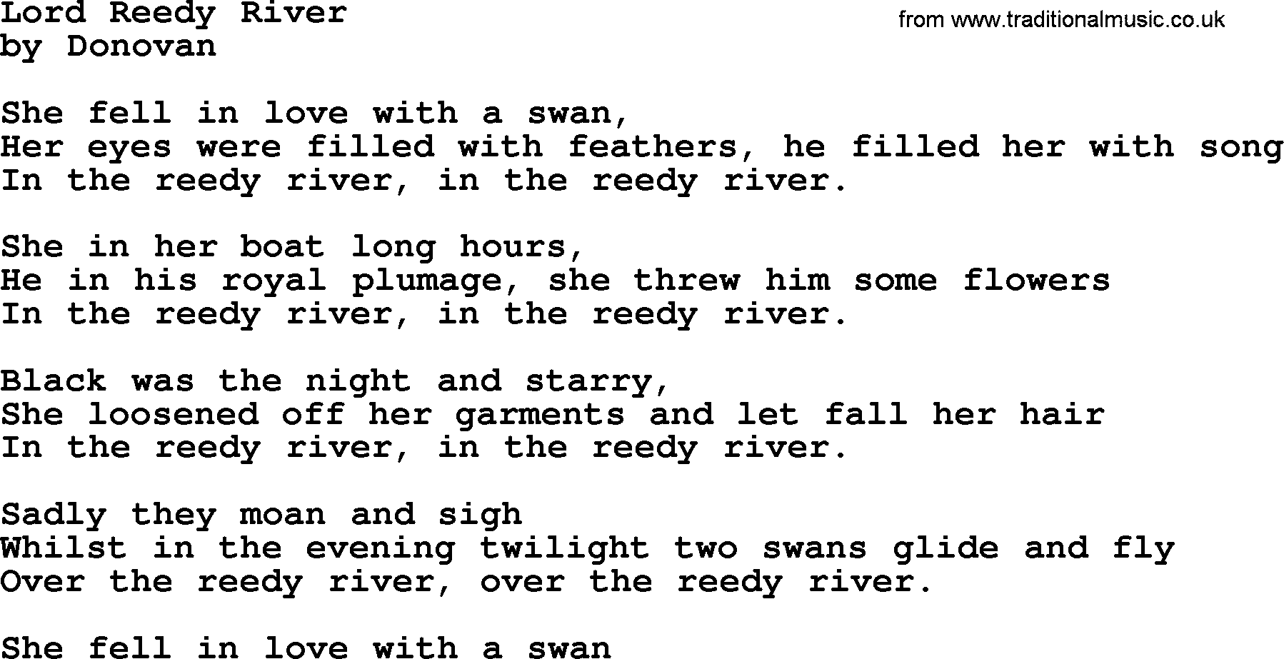Donovan Leitch song: Lord Reedy River lyrics