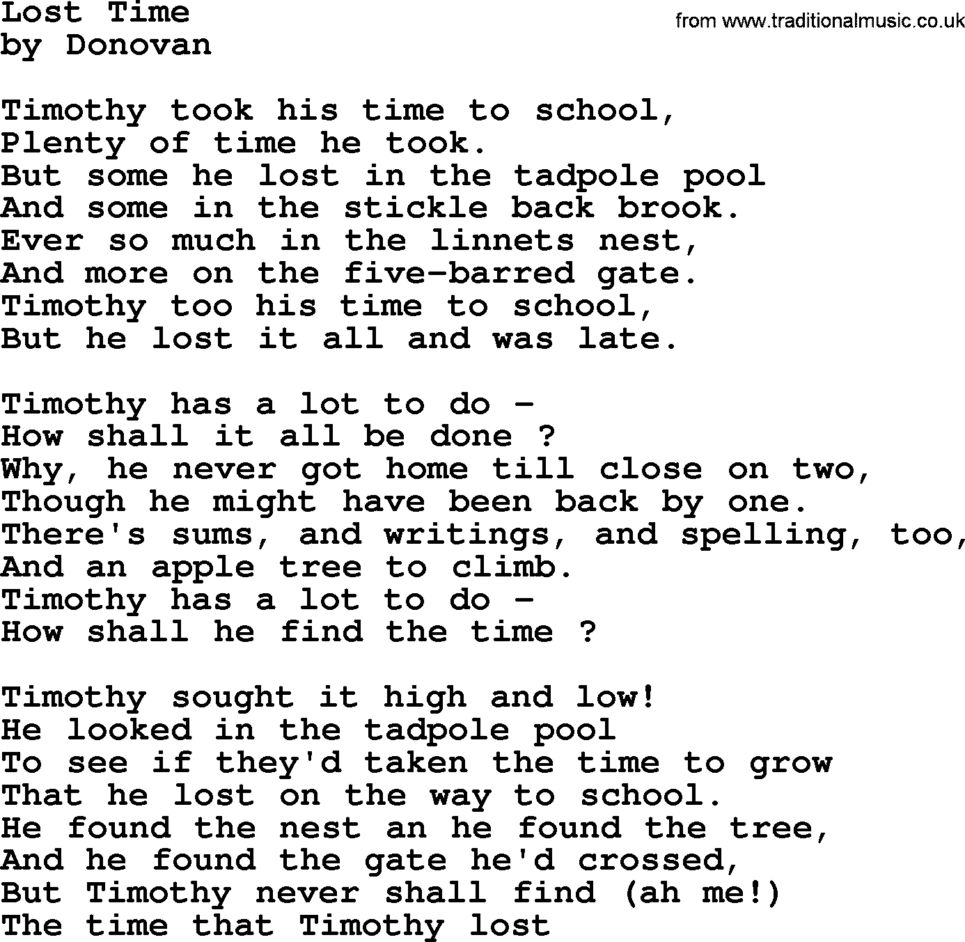 Donovan Leitch song: Lost Time lyrics