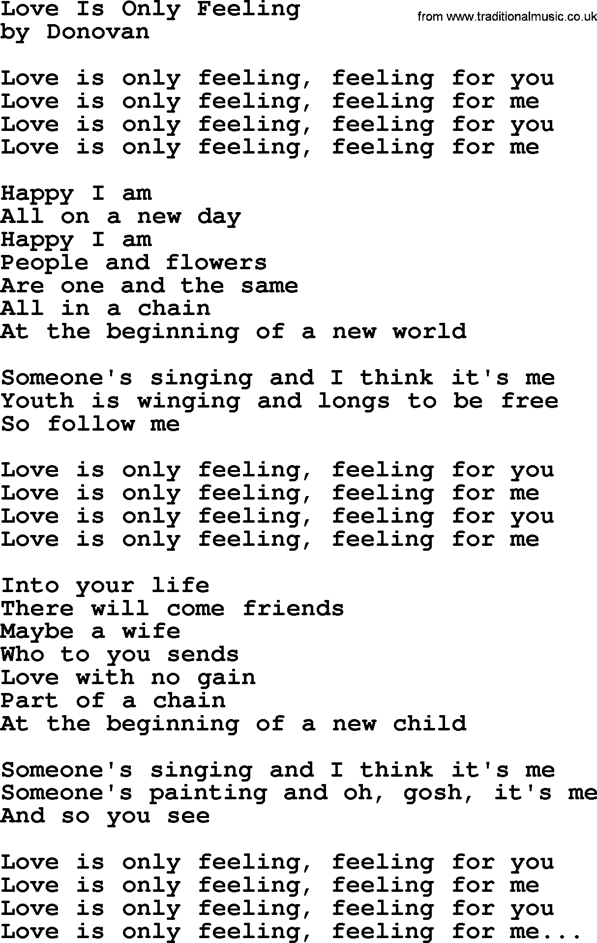 Donovan Leitch song: Love Is Only Feeling lyrics