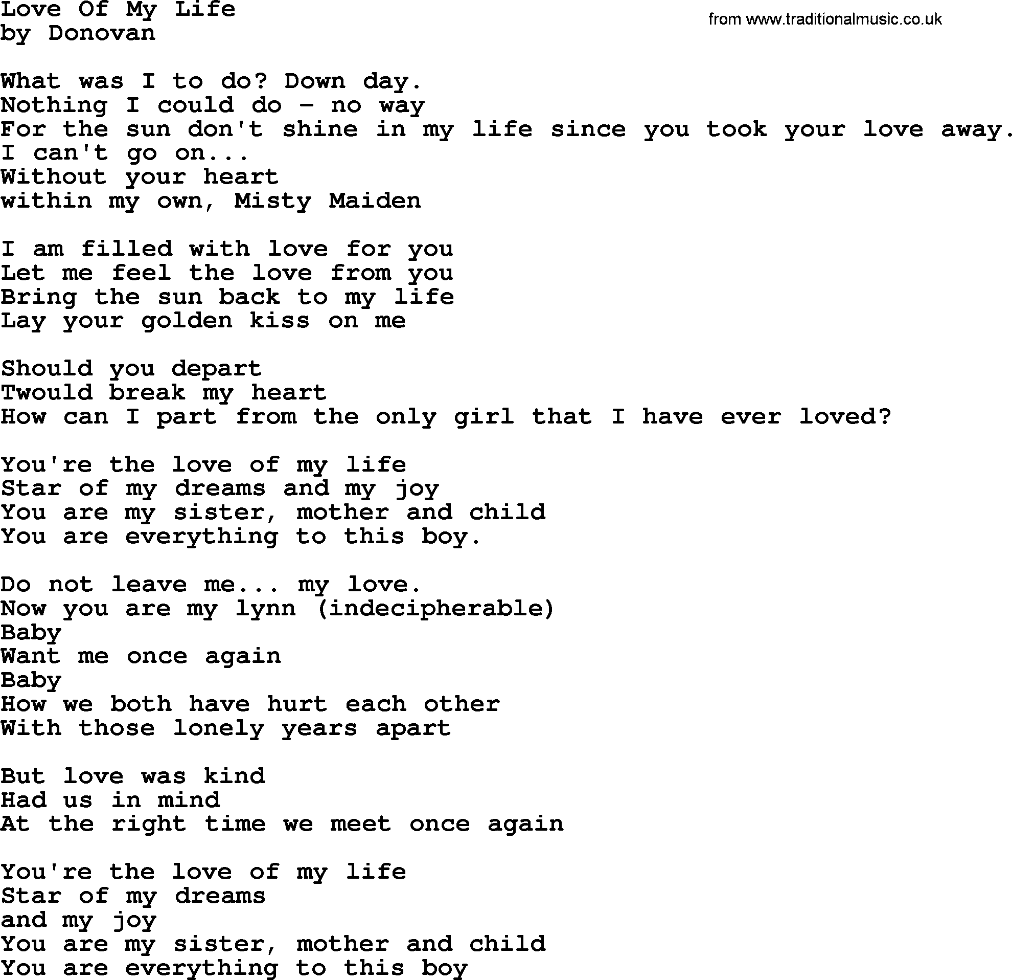 Donovan Leitch song: Love Of My Life lyrics