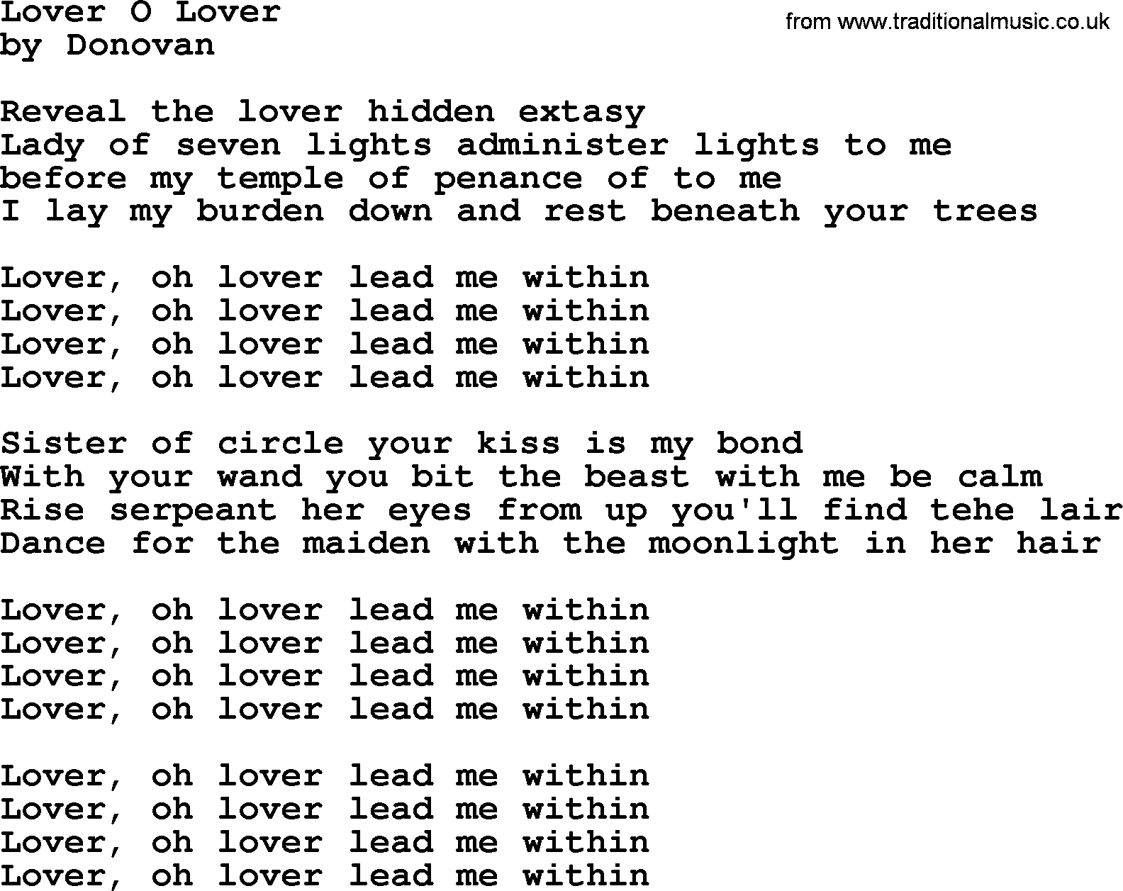 Donovan Leitch song: Lover O Lover lyrics