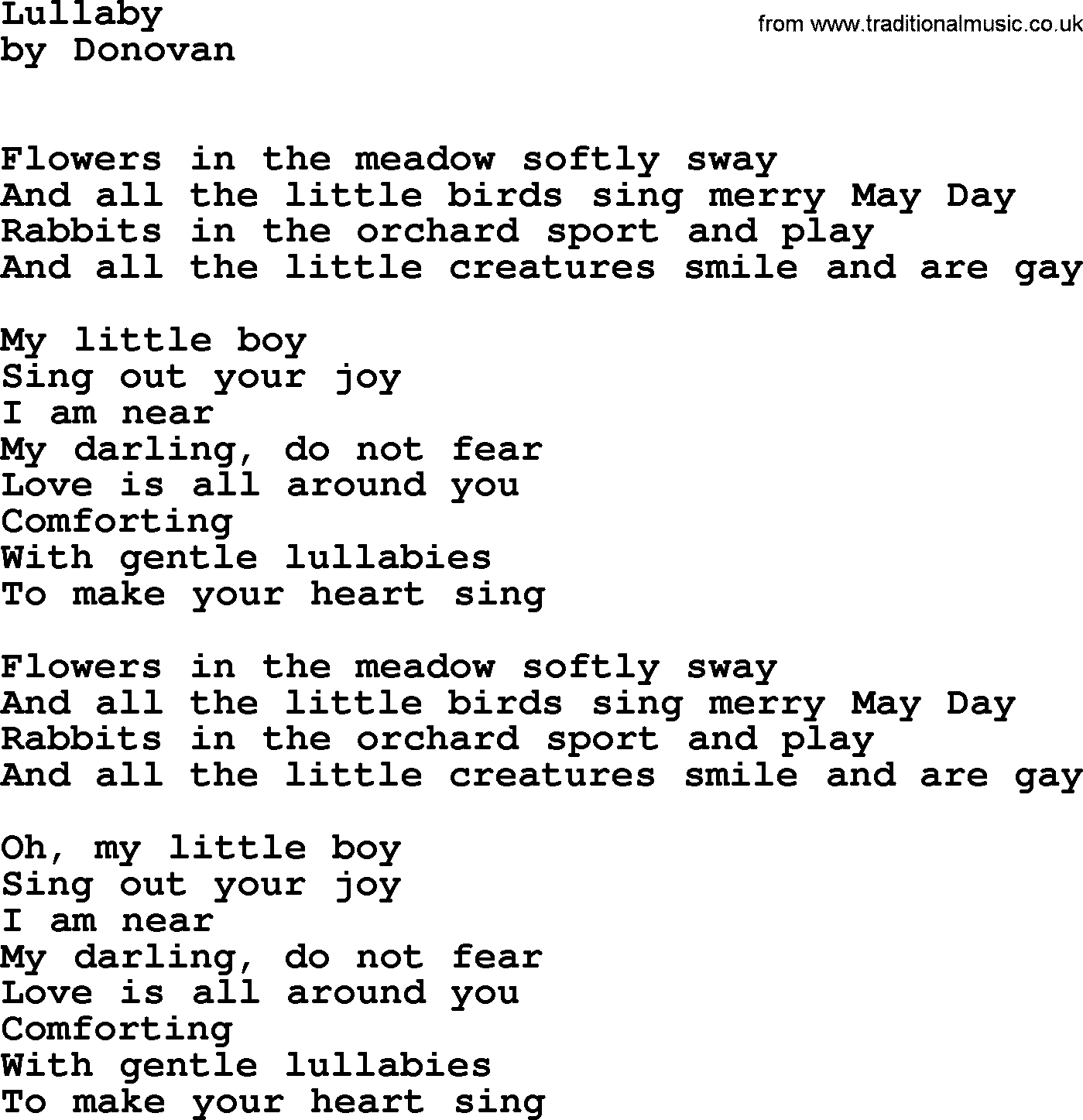 Donovan Leitch song: Lullaby lyrics