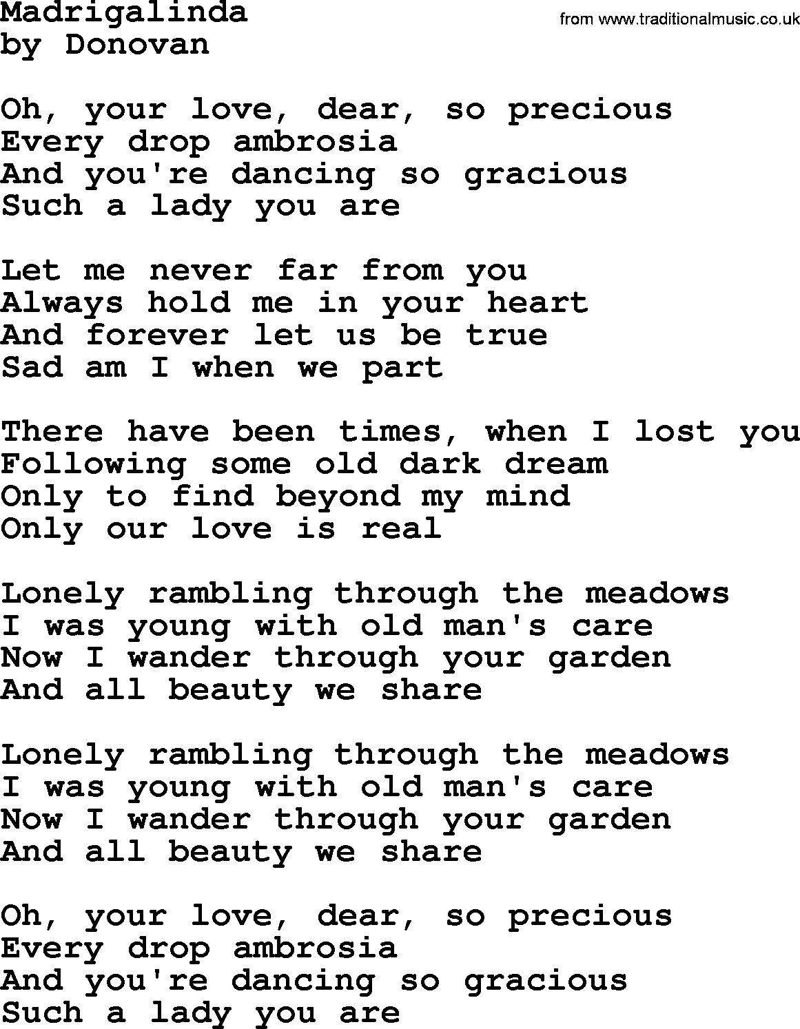 Donovan Leitch song: Madrigalinda lyrics