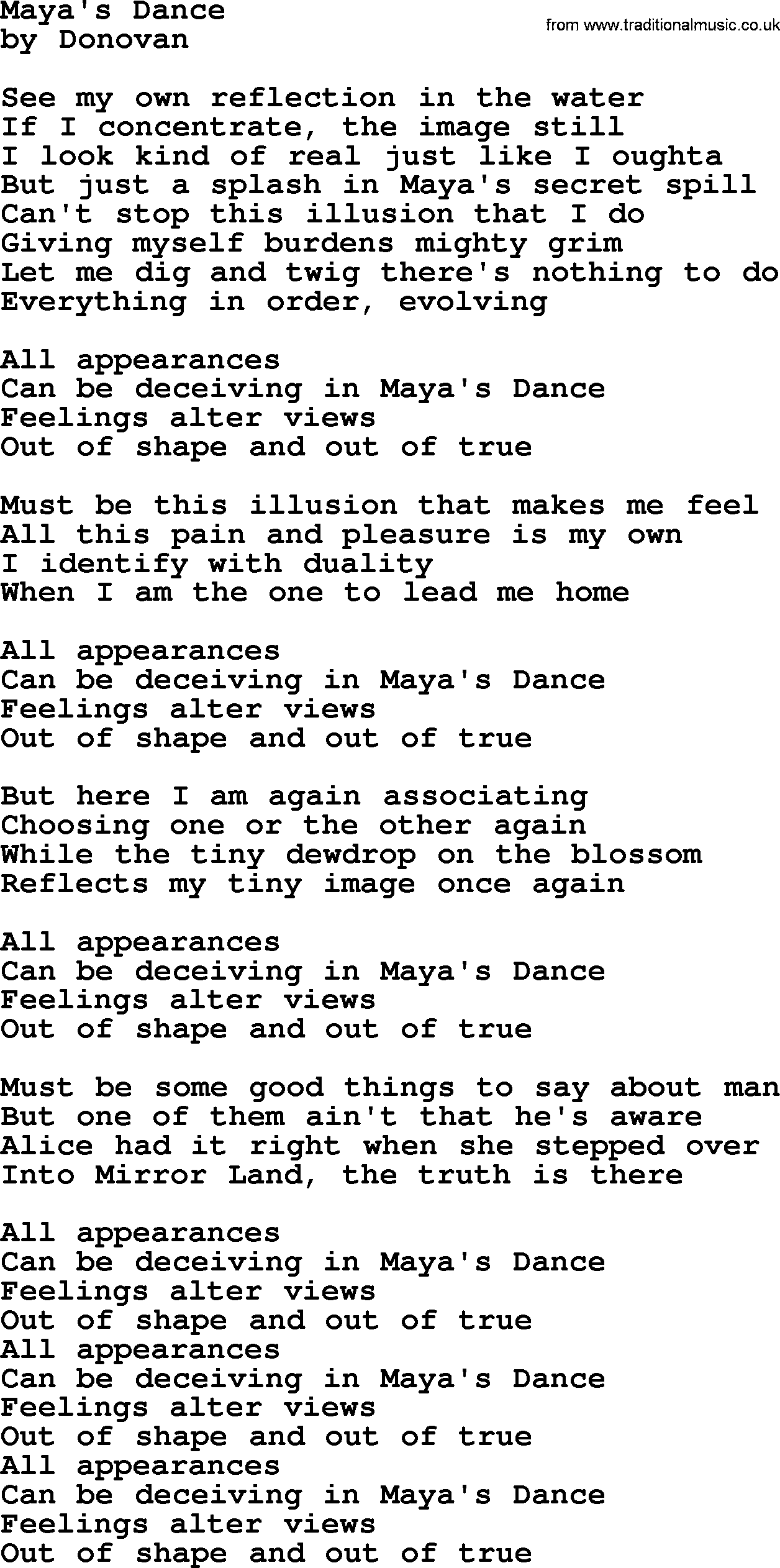 Donovan Leitch song: Maya's Dance lyrics