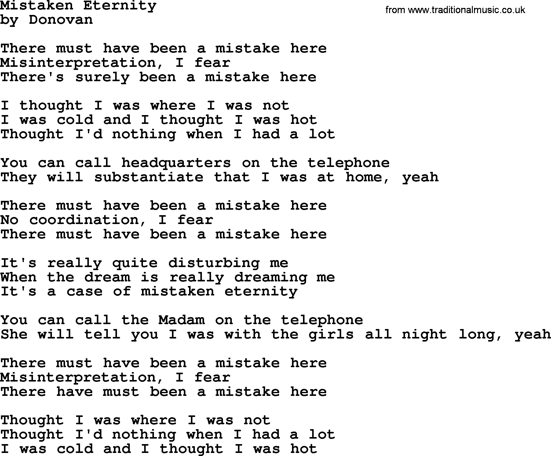 Donovan Leitch song: Mistaken Eternity lyrics