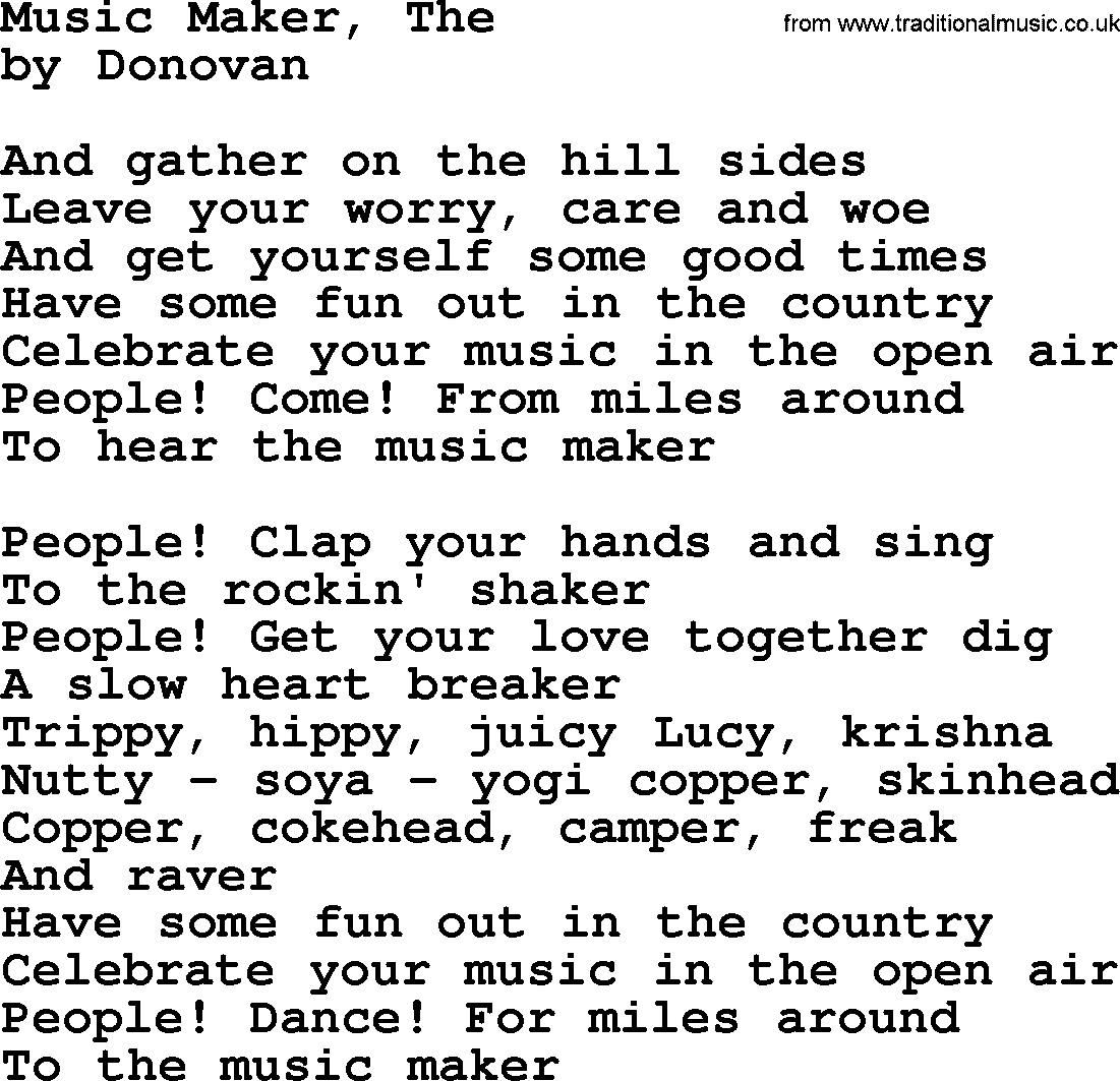 Donovan Leitch song: Music Maker, The lyrics