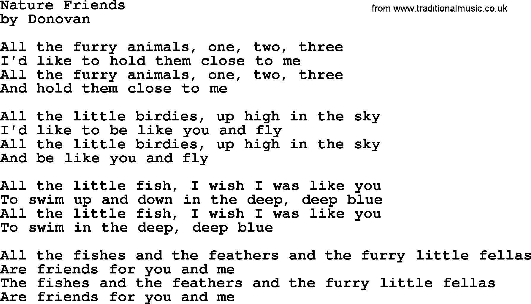 Donovan Leitch song: Nature Friends lyrics