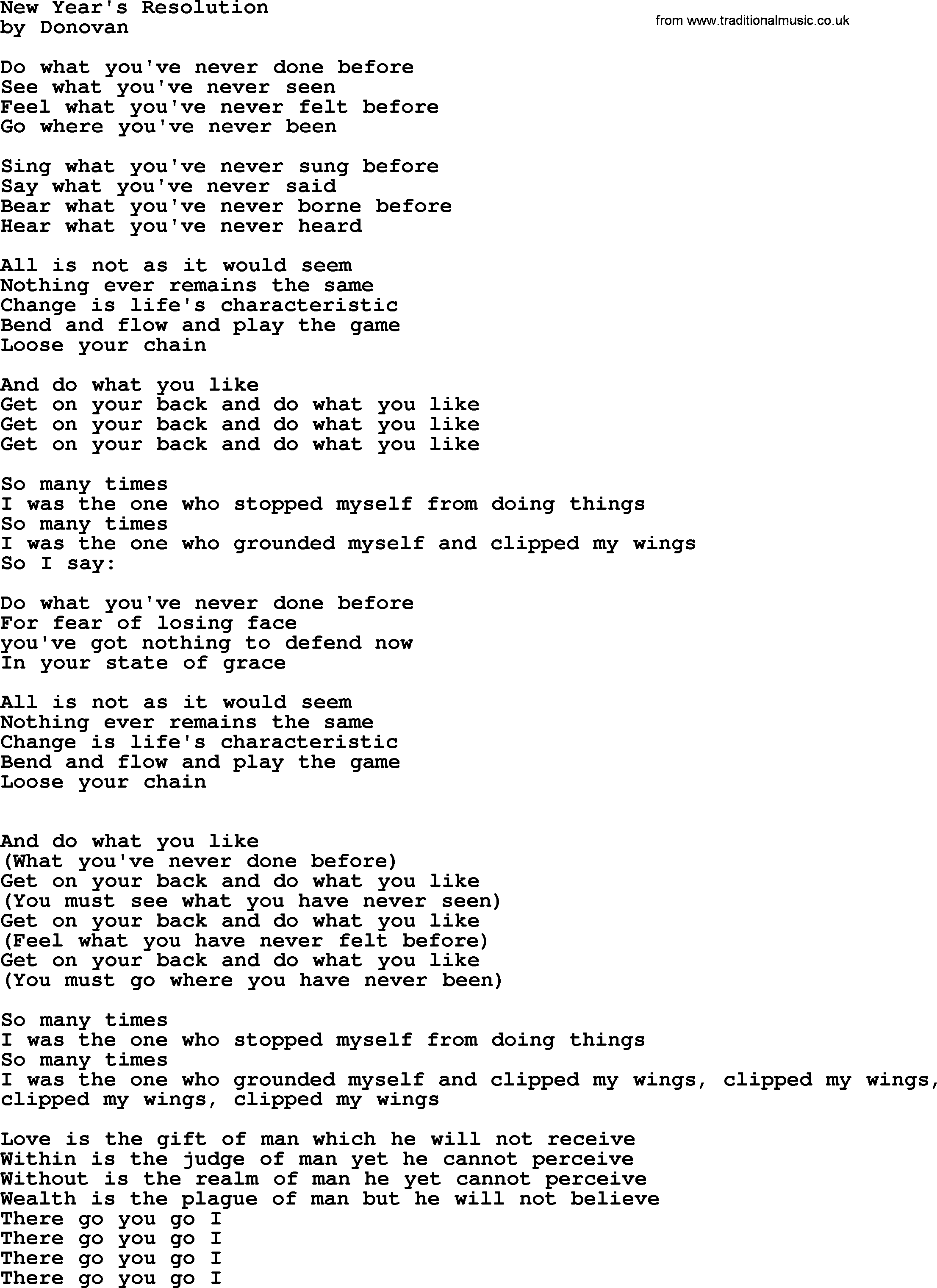 Donovan Leitch song: New Year's Resolution lyrics