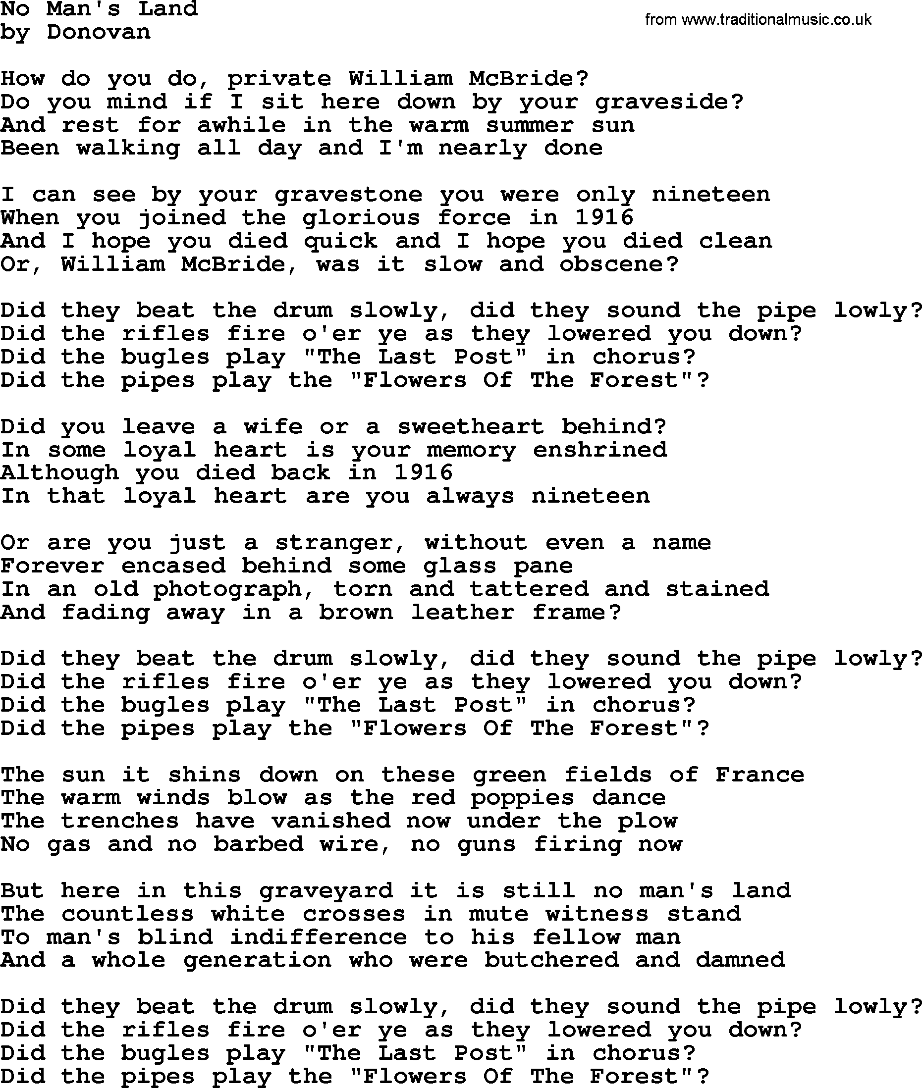 Donovan Leitch song: No Man's Land lyrics