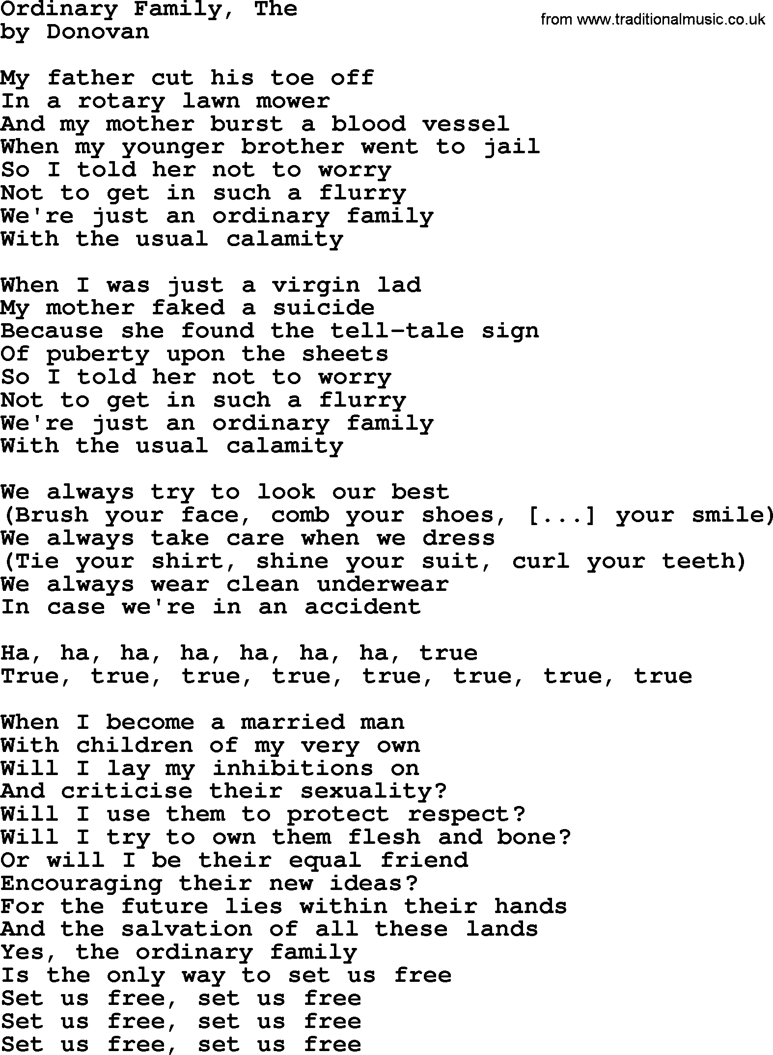 Donovan Leitch song: Ordinary Family, The lyrics