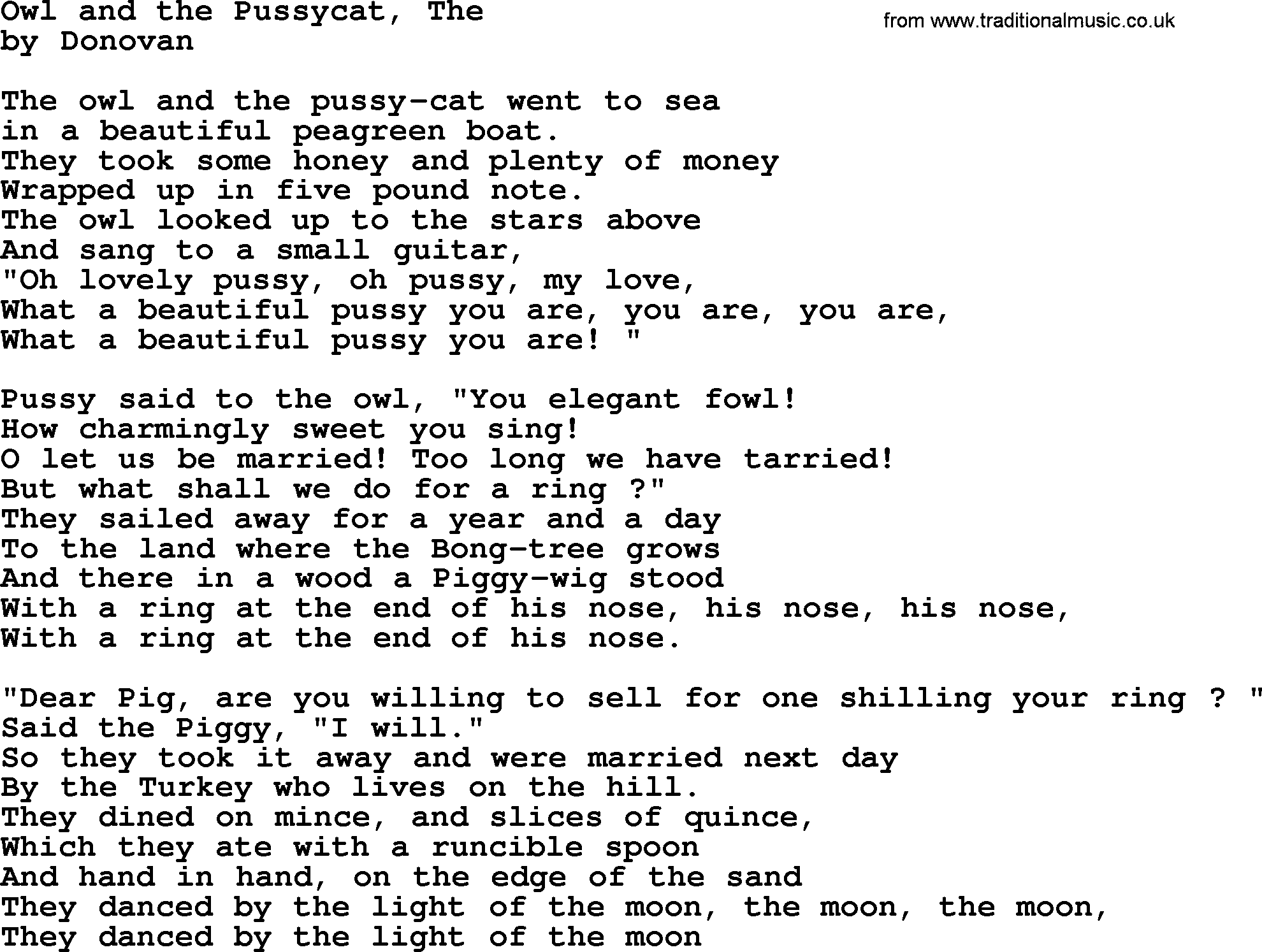 Donovan Leitch song: Owl And The Pussycat, The lyrics