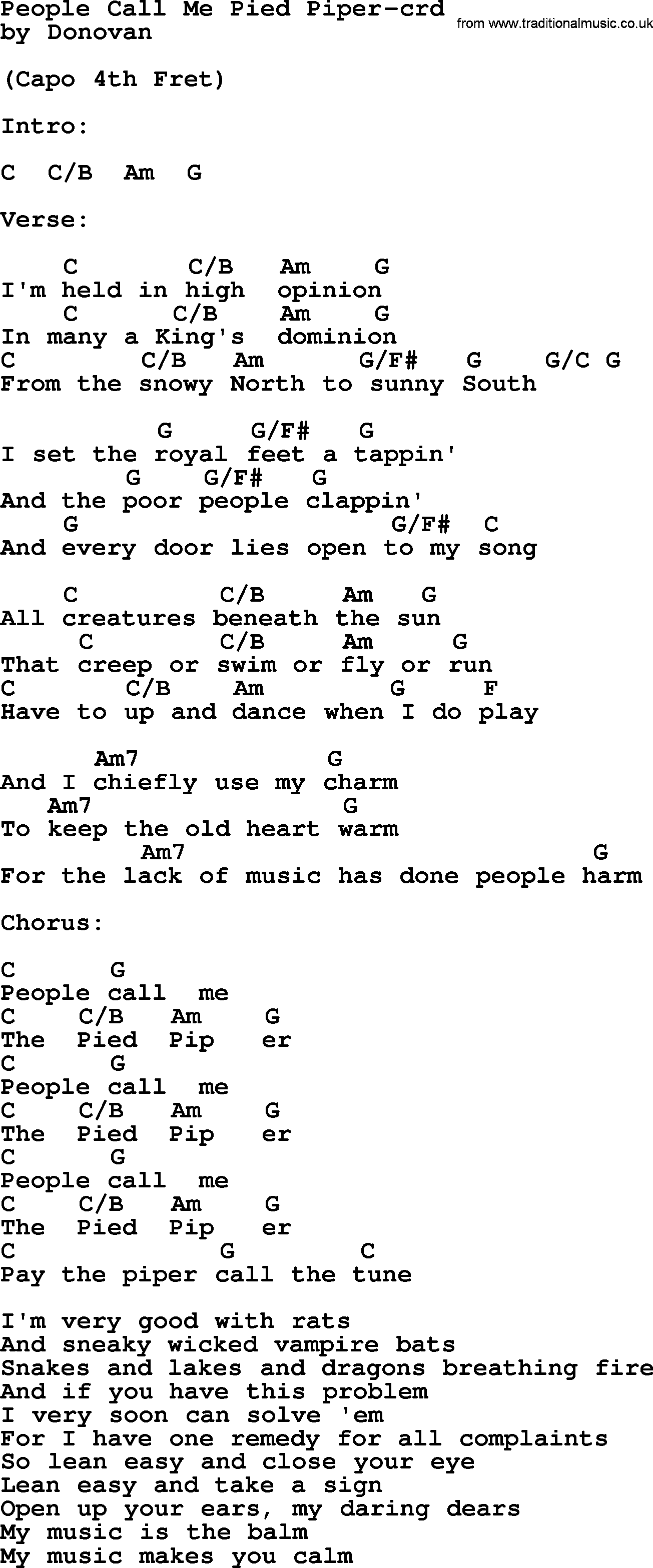 Donovan Leitch song: People Call Me Pied Piper lyrics and chords