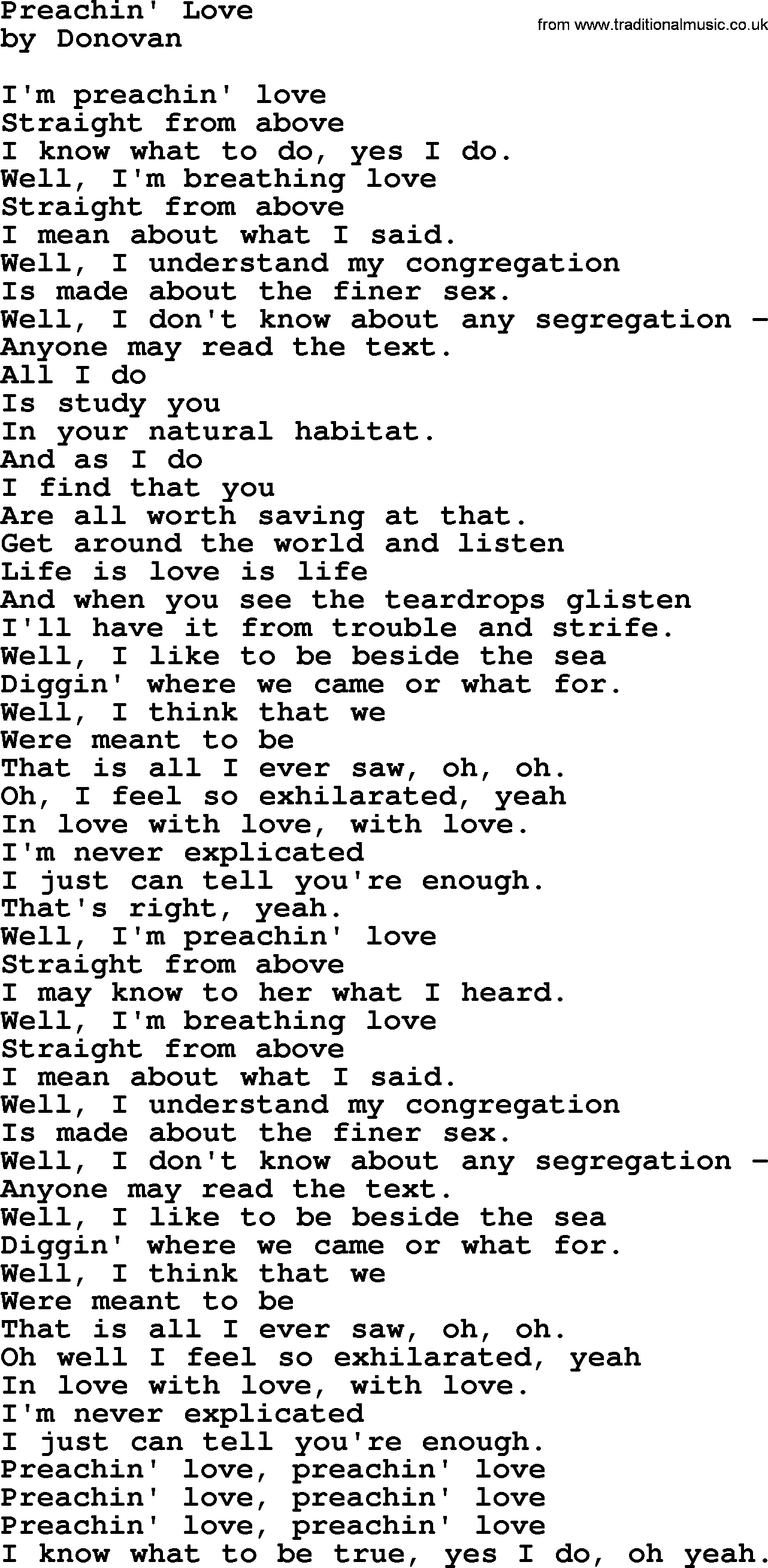 Donovan Leitch song: Preachin' Love lyrics