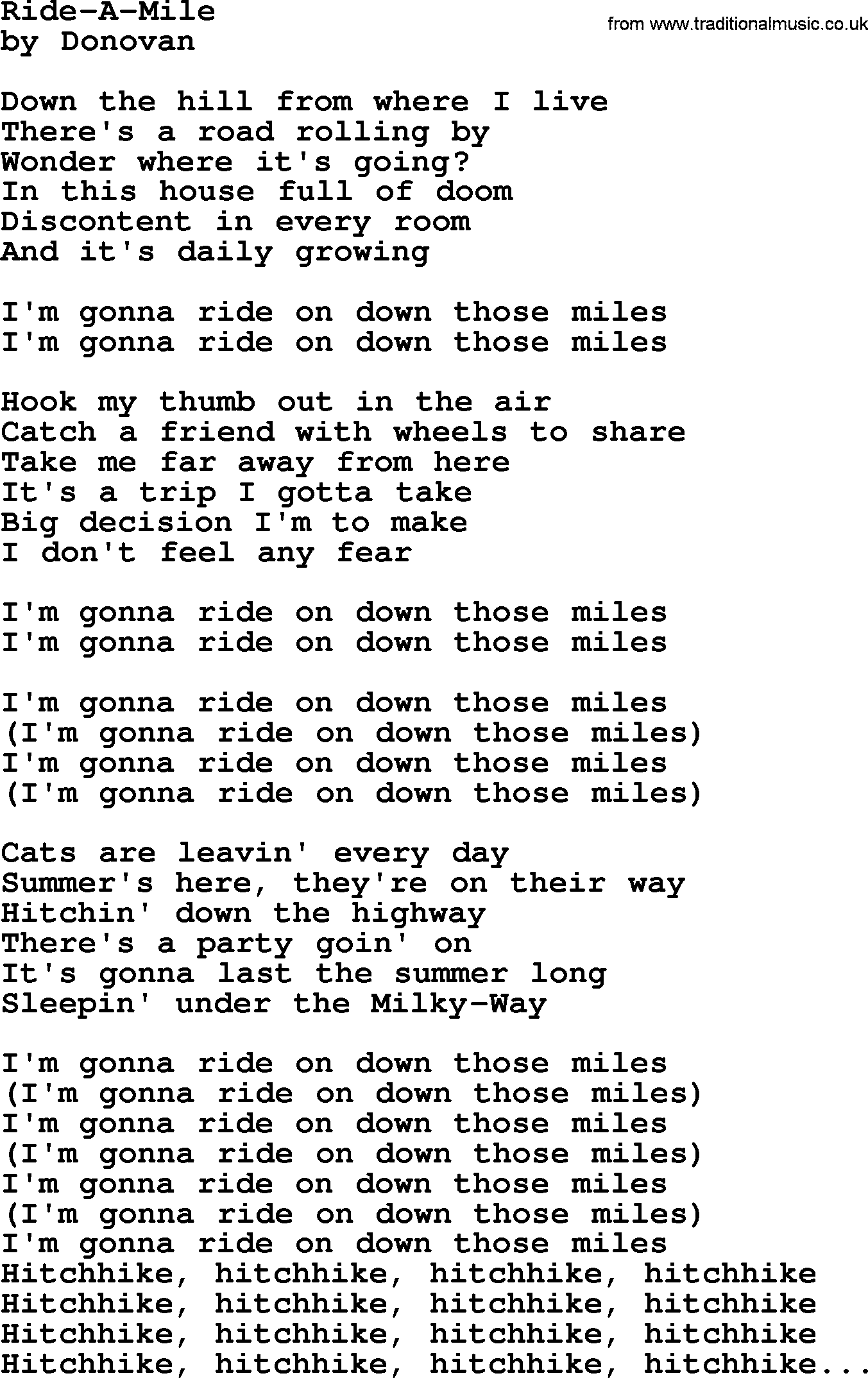Donovan Leitch song: Ride A Mile lyrics