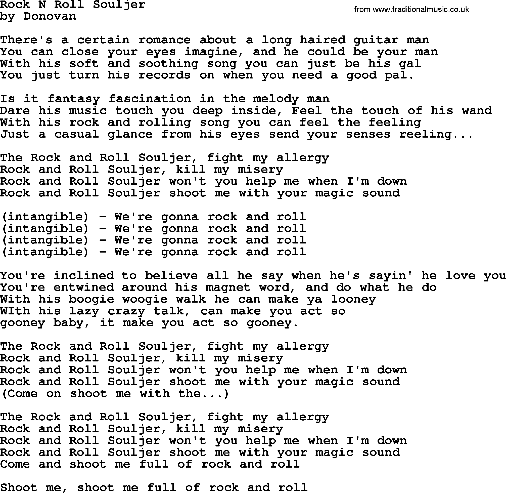 Donovan Leitch song: Rock N Roll Souljer lyrics
