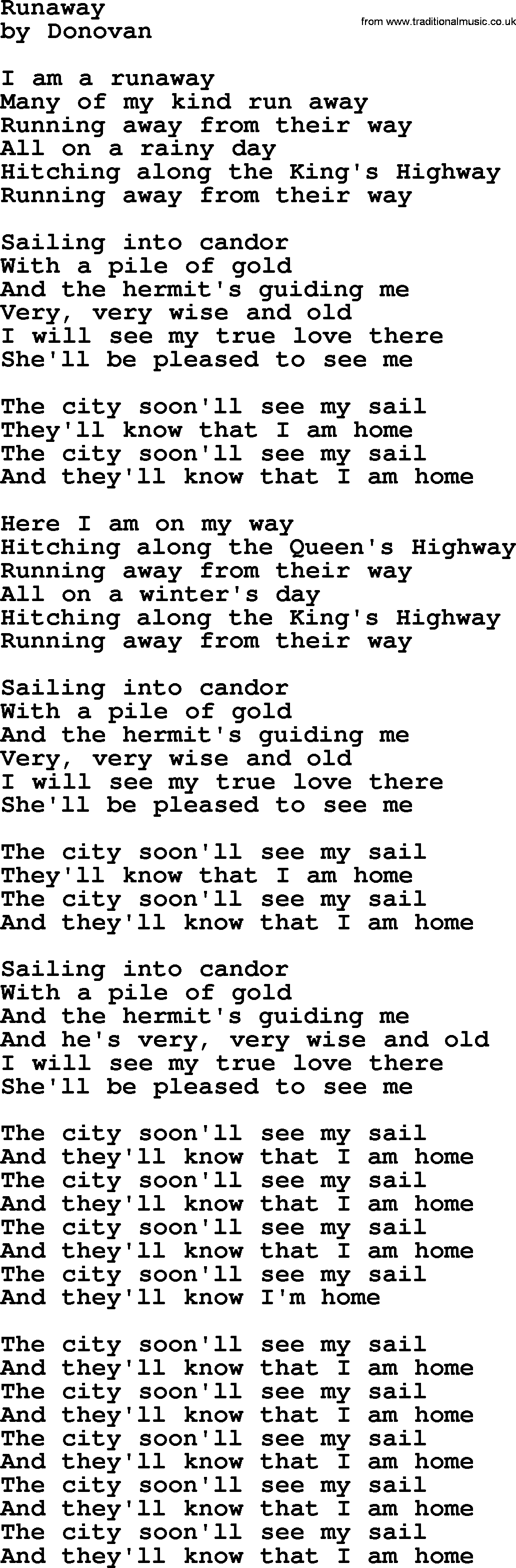 Donovan Leitch song: Runaway lyrics