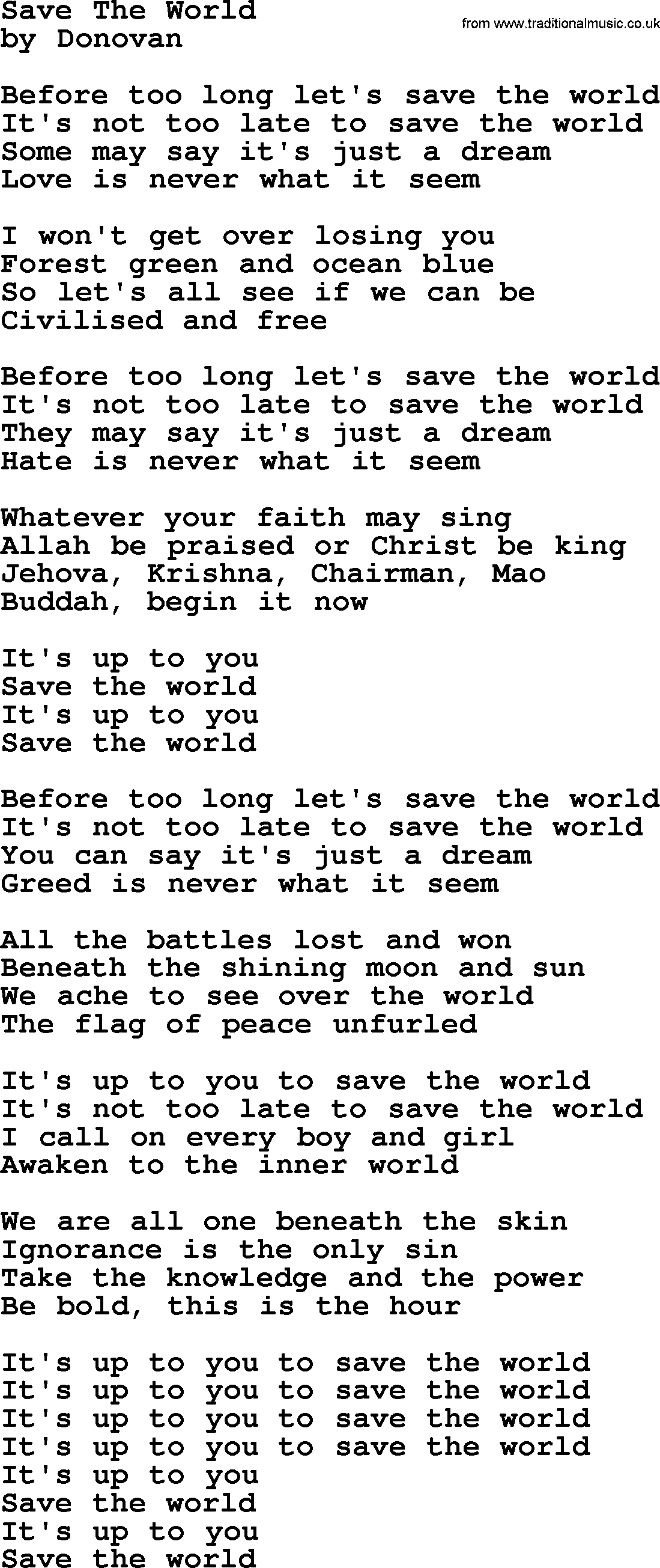 Donovan Leitch song: Save The World lyrics