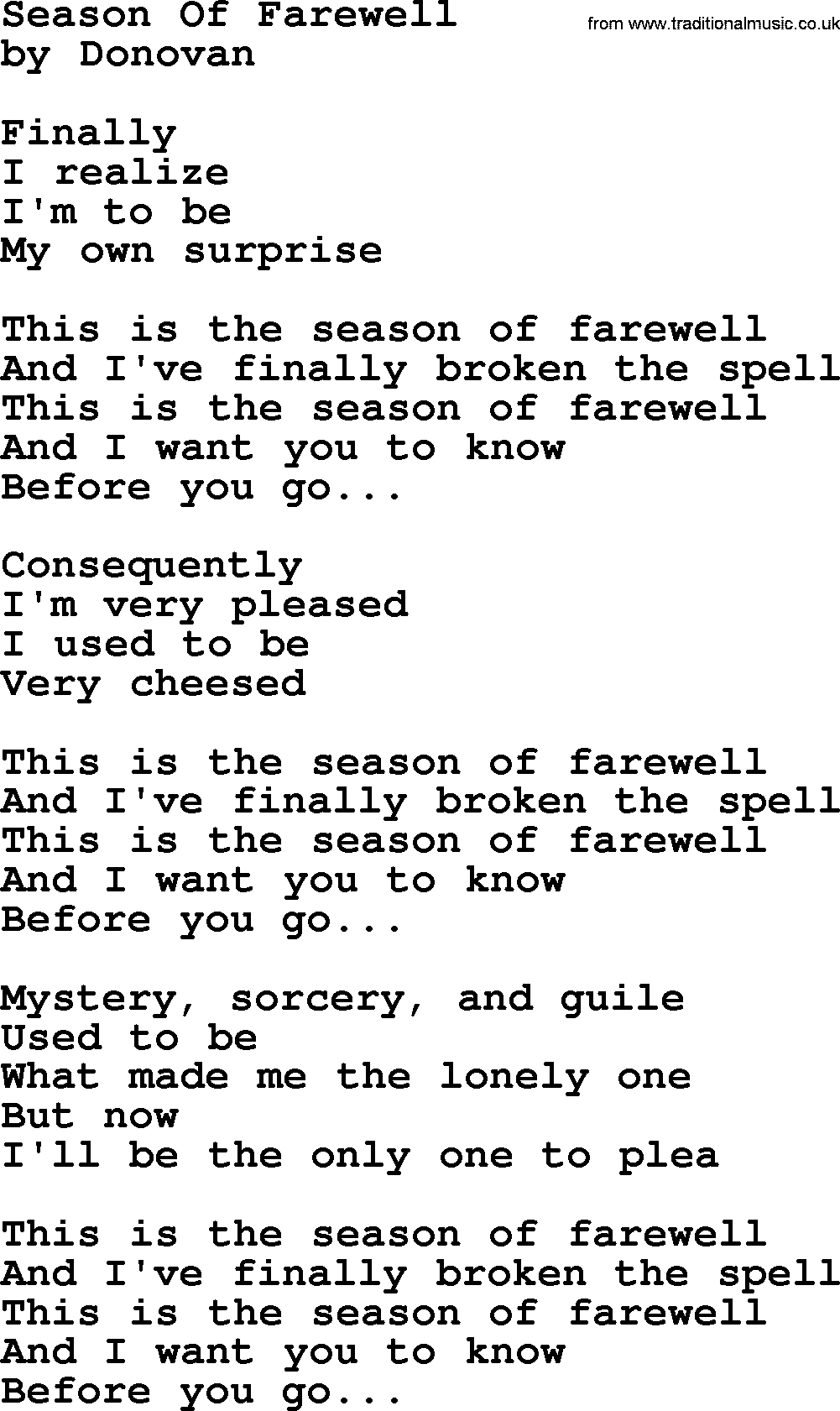 Donovan Leitch song: Season Of Farewell lyrics