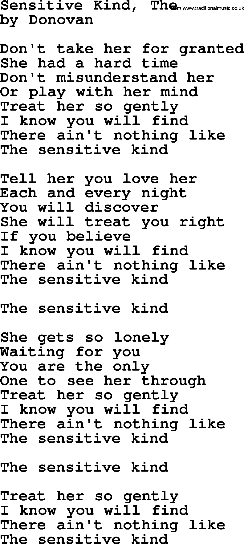 Donovan Leitch song: Sensitive Kind, The lyrics