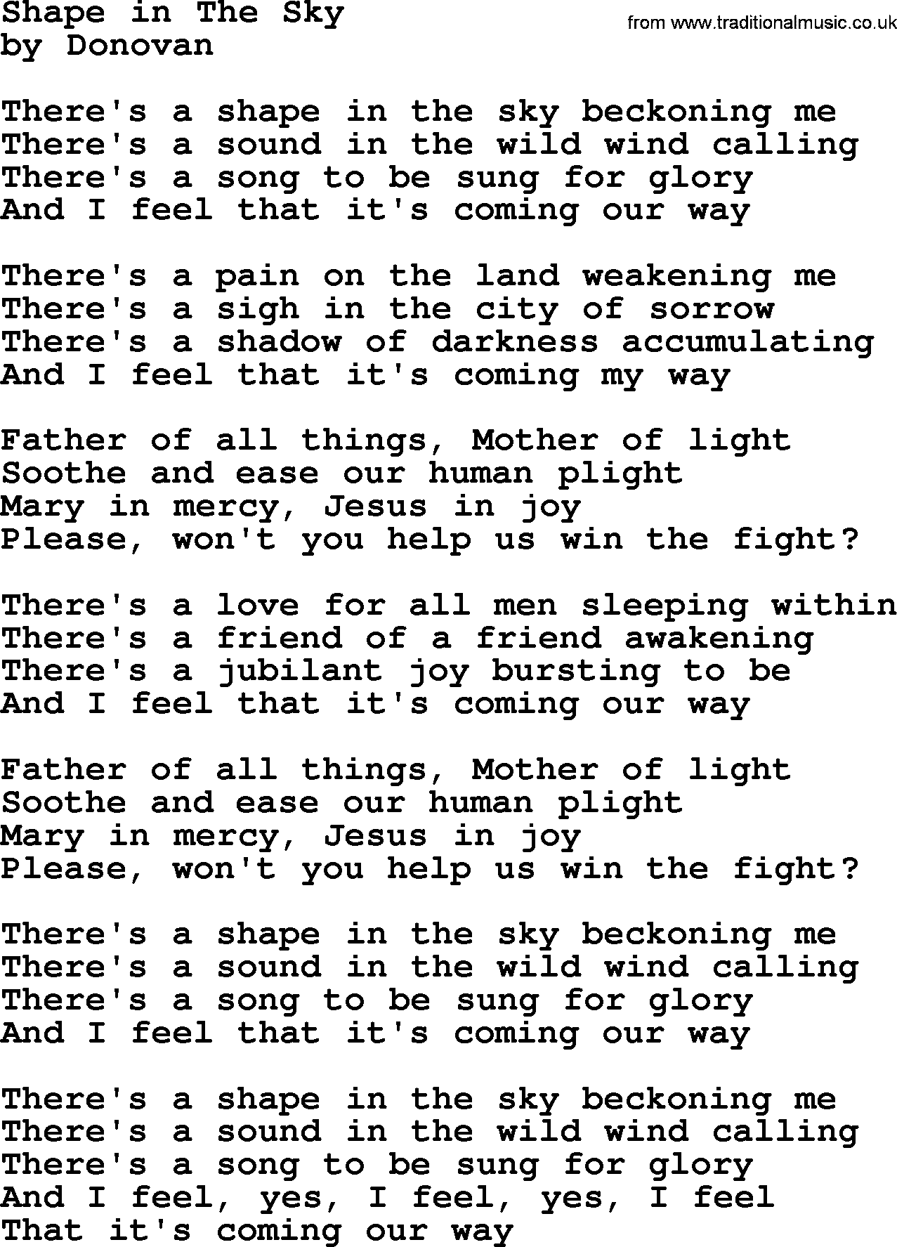 Donovan Leitch song: Shape In The Sky lyrics