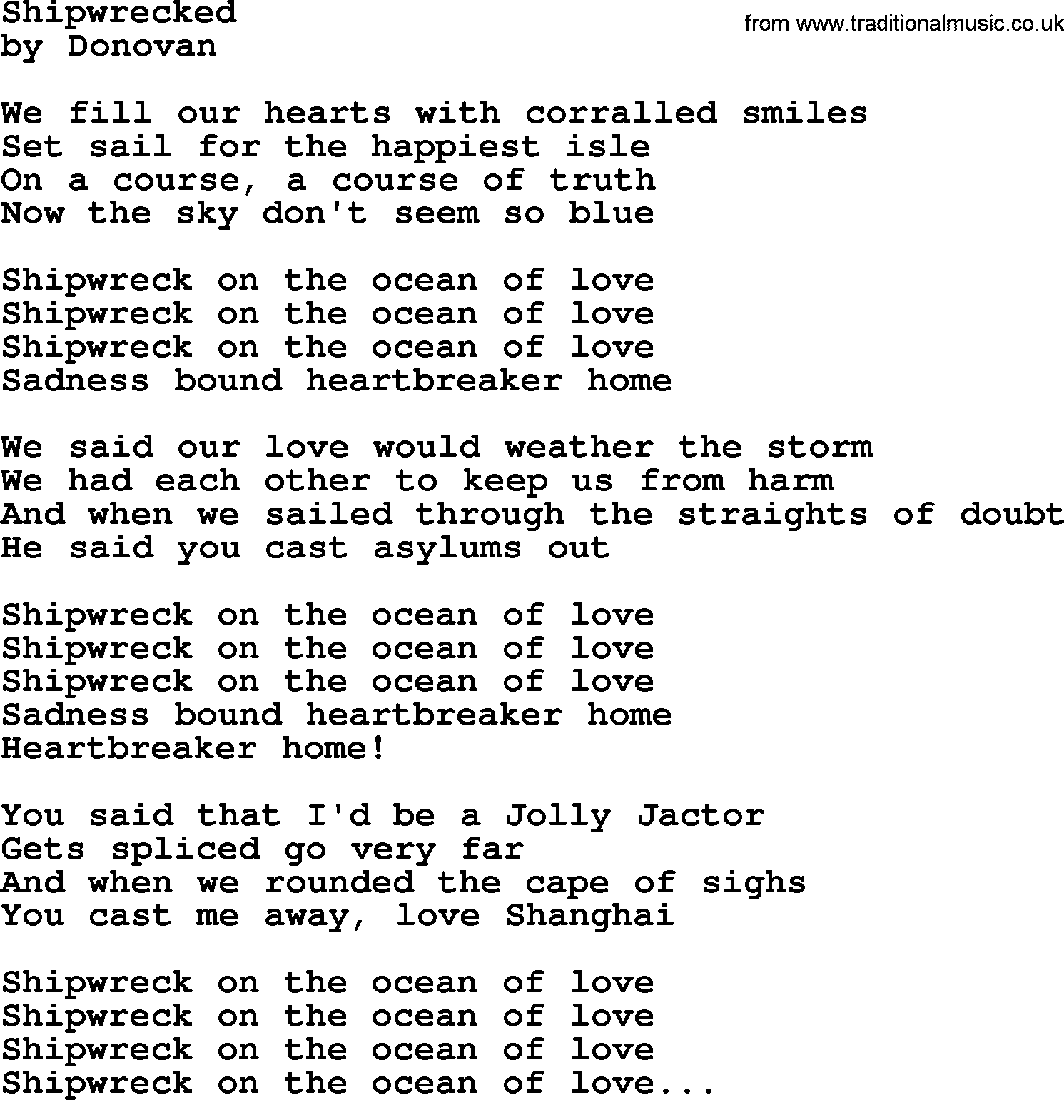 Donovan Leitch song: Shipwrecked lyrics