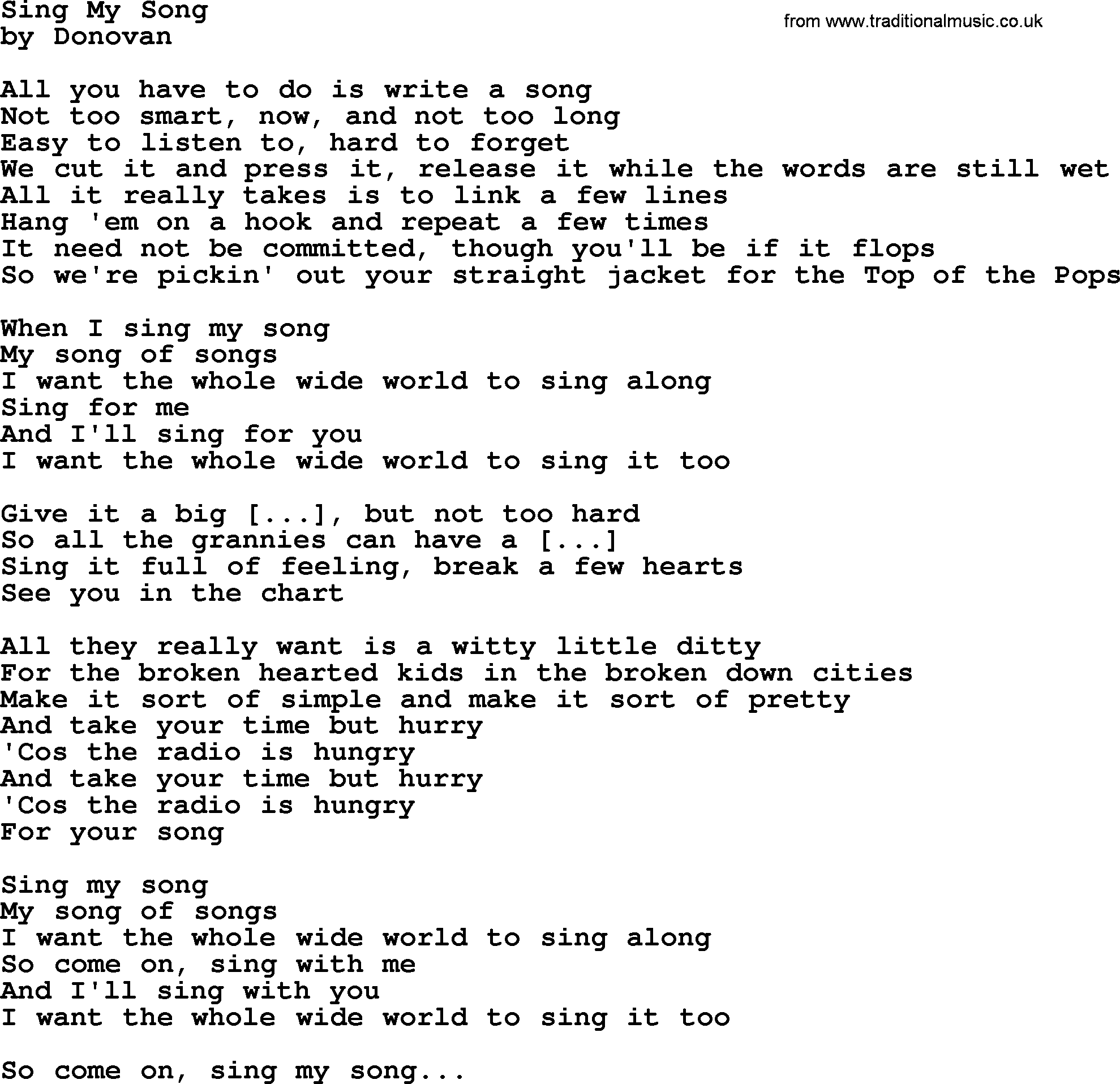 Donovan Leitch song: Sing My Song lyrics