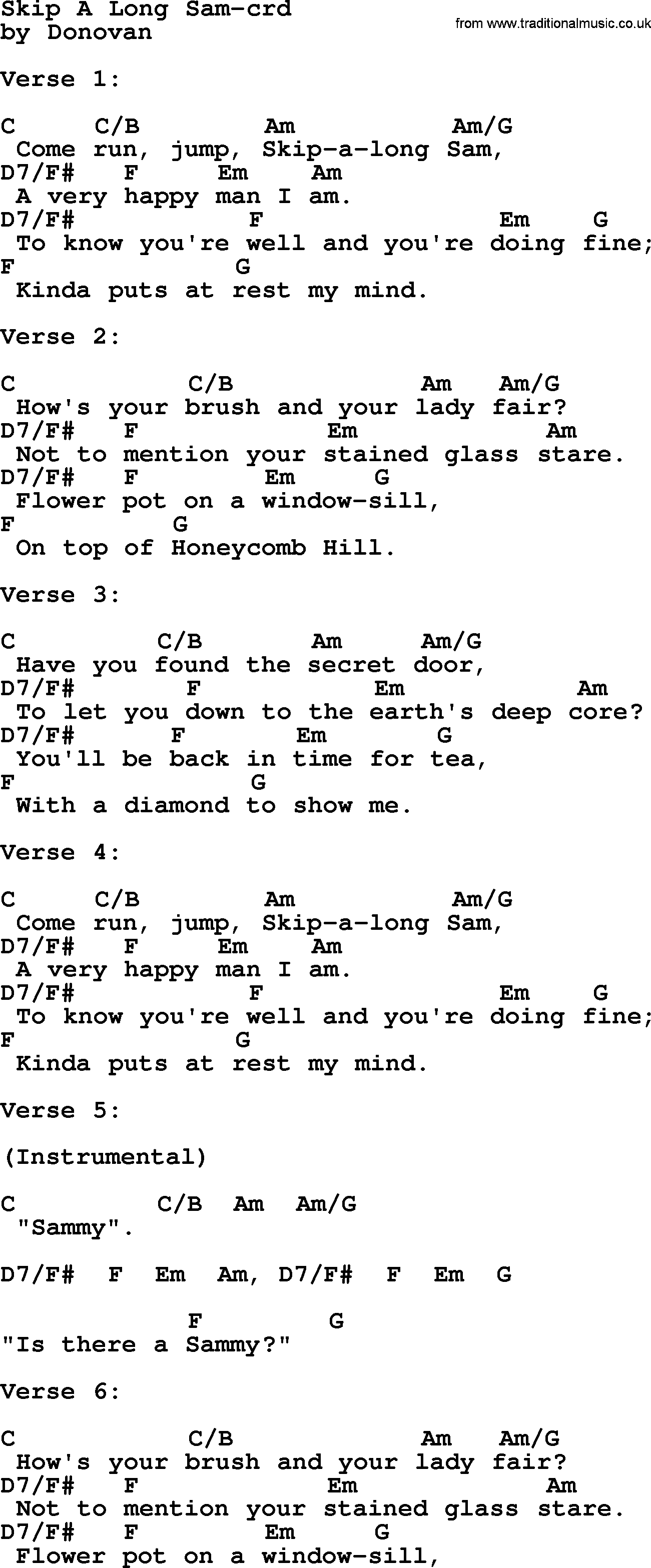 Donovan Leitch song: Skip A Long Sam lyrics and chords