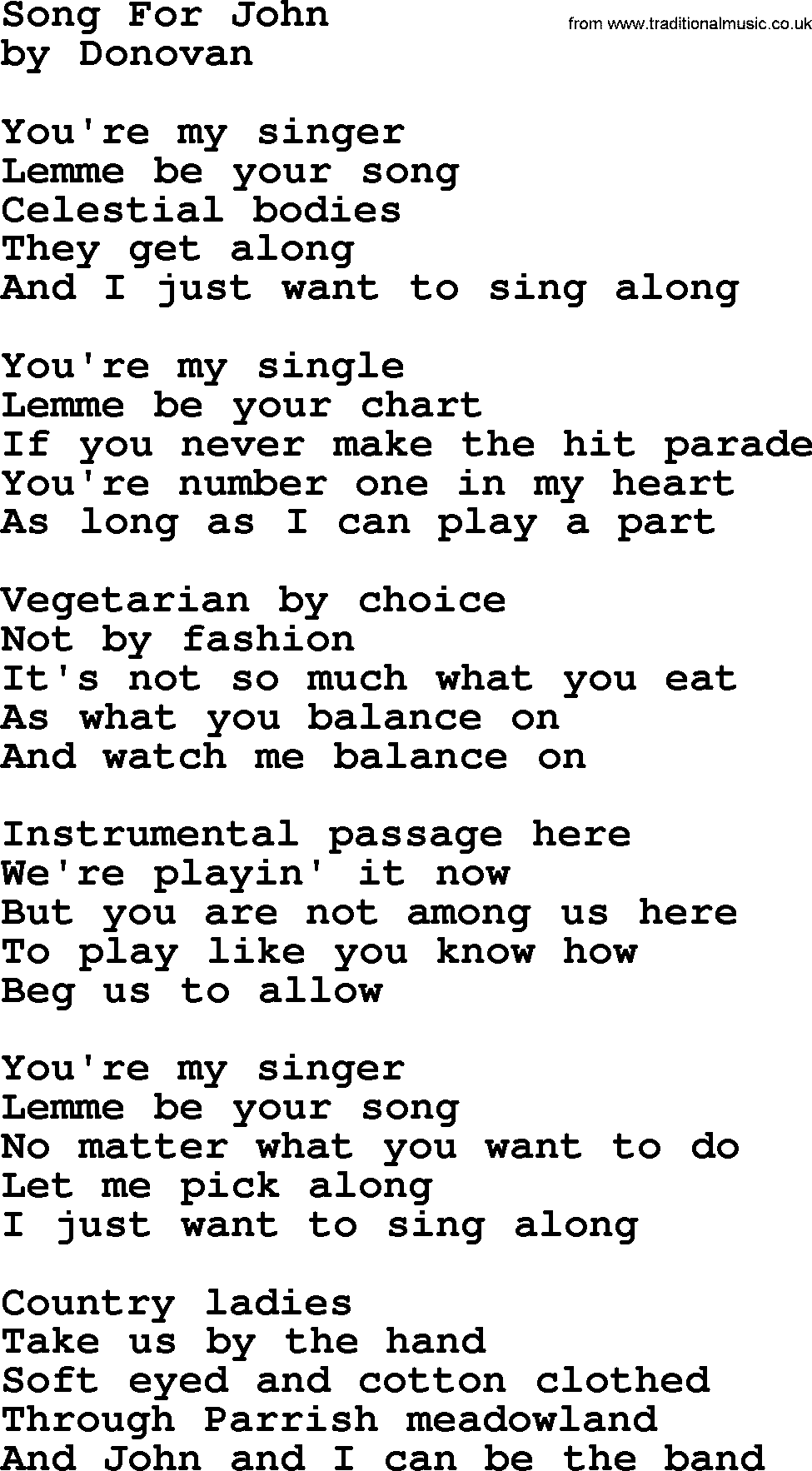 Donovan Leitch song: Song For John lyrics