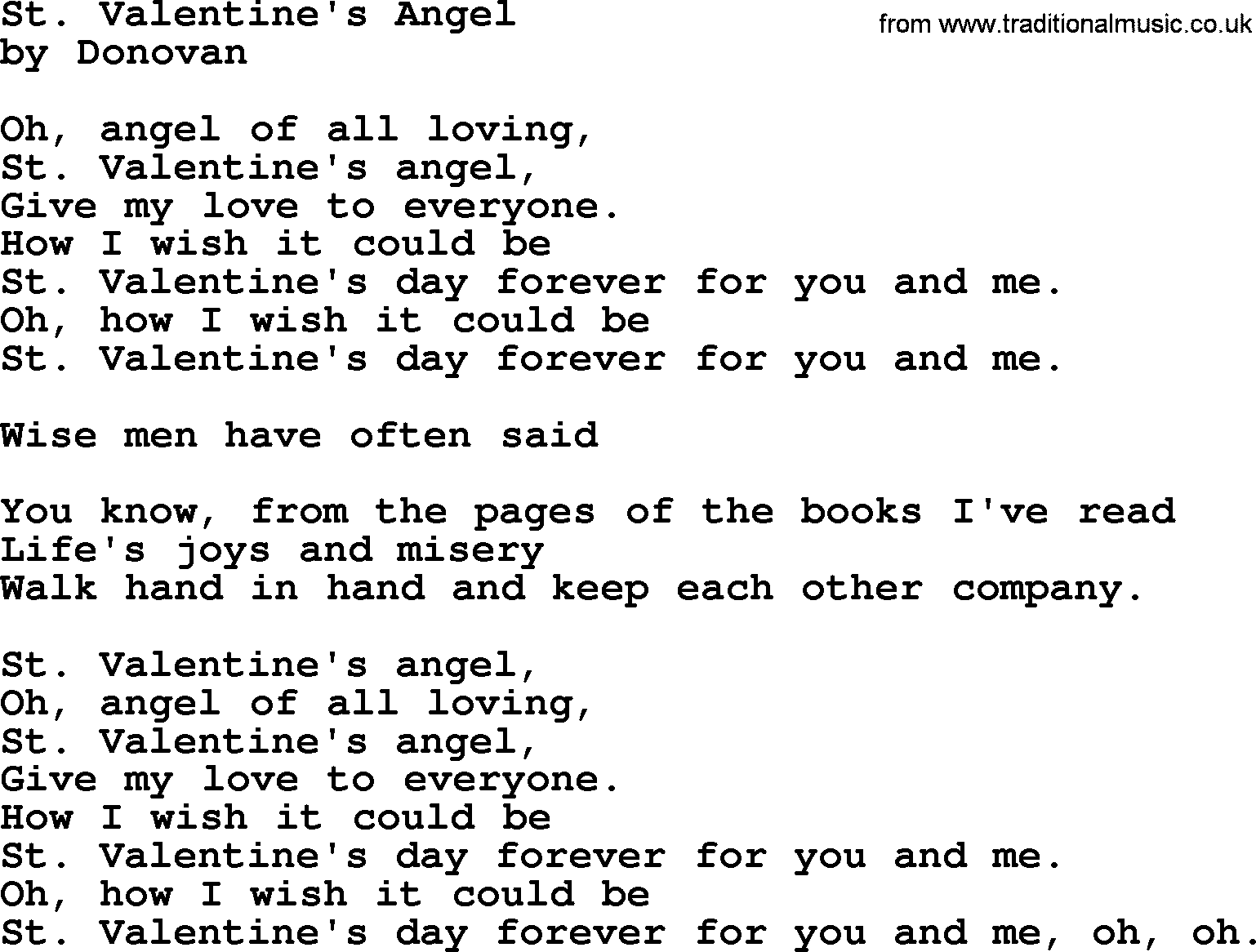 Donovan Leitch song: St. Valentine's Angel lyrics