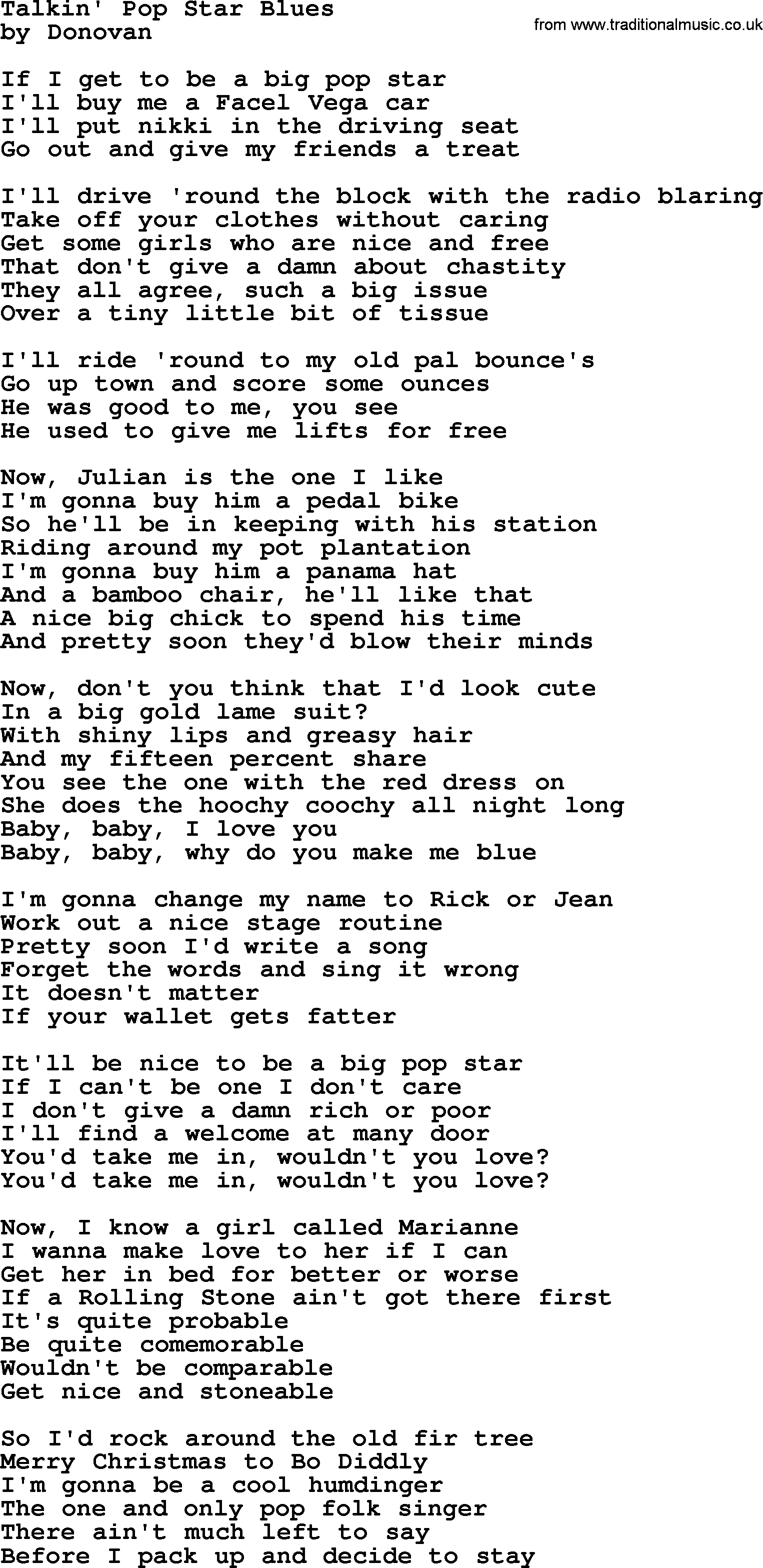 Donovan Leitch song: Talkin' Pop Star Blues lyrics