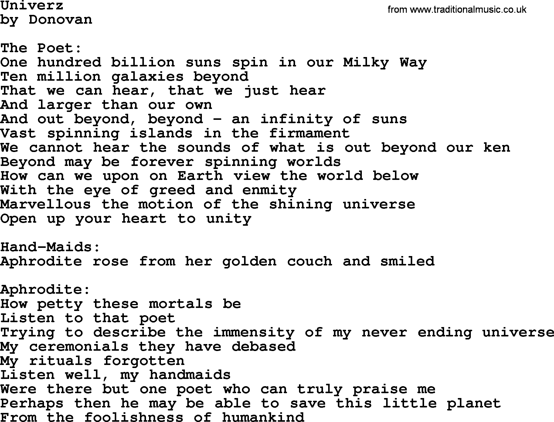 Donovan Leitch song: Univerz lyrics