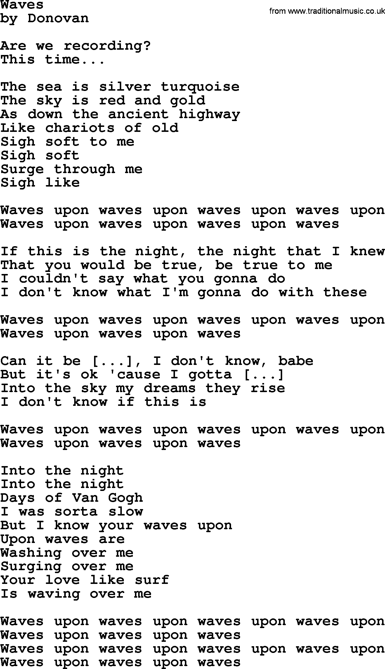 Donovan Leitch song: Waves lyrics